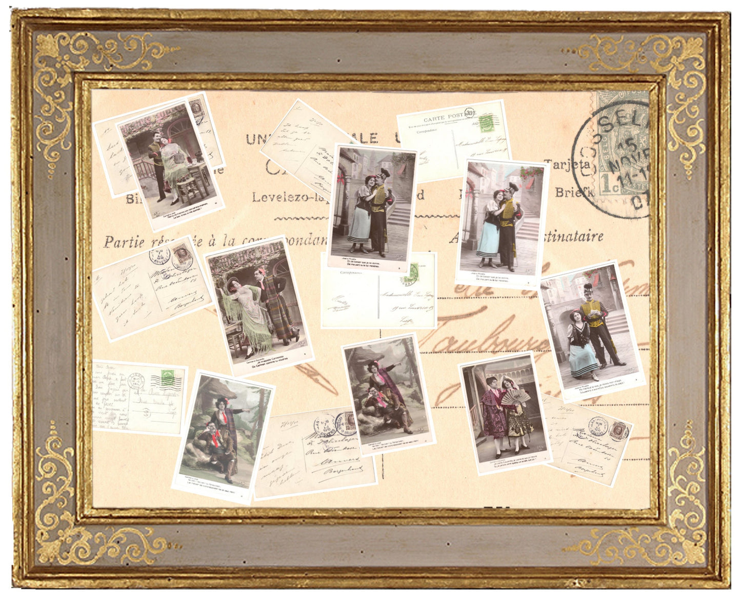 x 8 Authentic Vintage French, Spanish, Wallon Postcards - Love-Couples-Handwritten Antique - 600dpi Scans - Out of Collection of more than 400 postcards