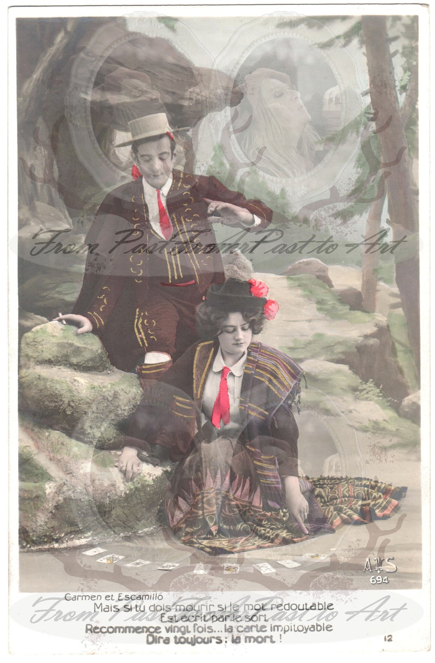 x 8 Authentic Vintage French, Spanish, Wallon Postcards - Love-Couples-Handwritten Antique - 600dpi Scans - Out of Collection of more than 400 postcards
