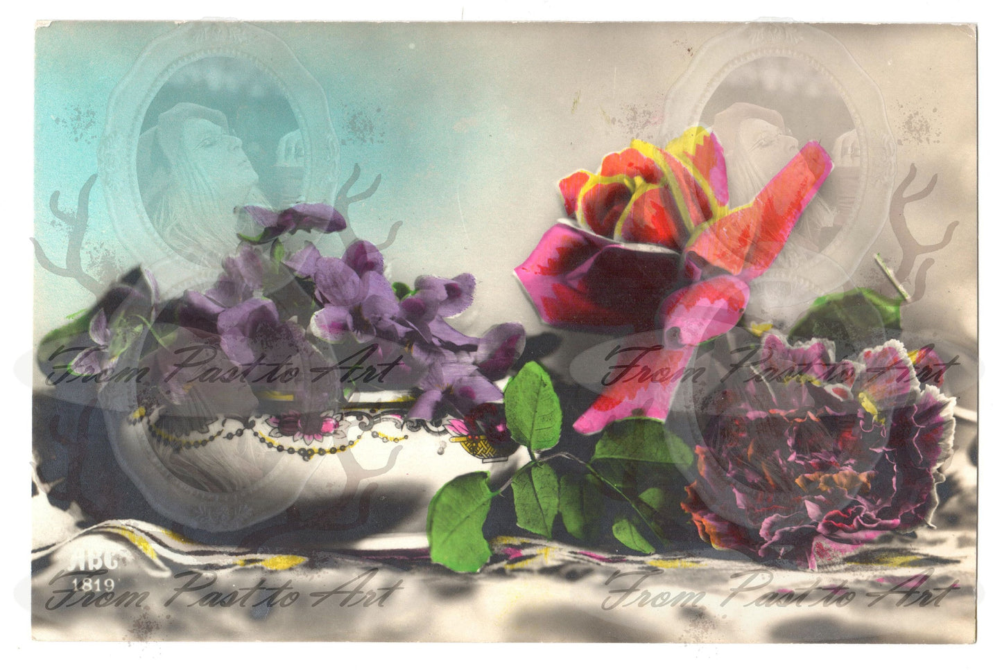 7 Authentic Vintage French Postcards - Handwritten Antique - Flowers- Roses- Occasions-Wishes - 600dpi Scans - Out of Collection of more than 400 postcards