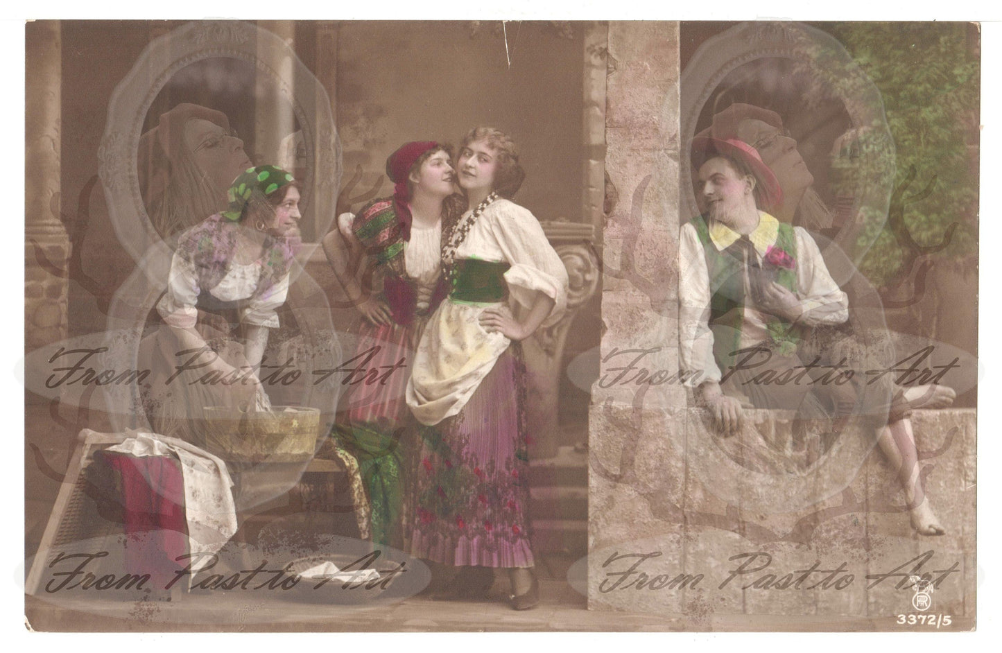6 Authentic Vintage French Postcards - Handwritten Antique - 3 woman 1 man-flirting- 600dpi Scans - Out of Collection of more than 400 postcards