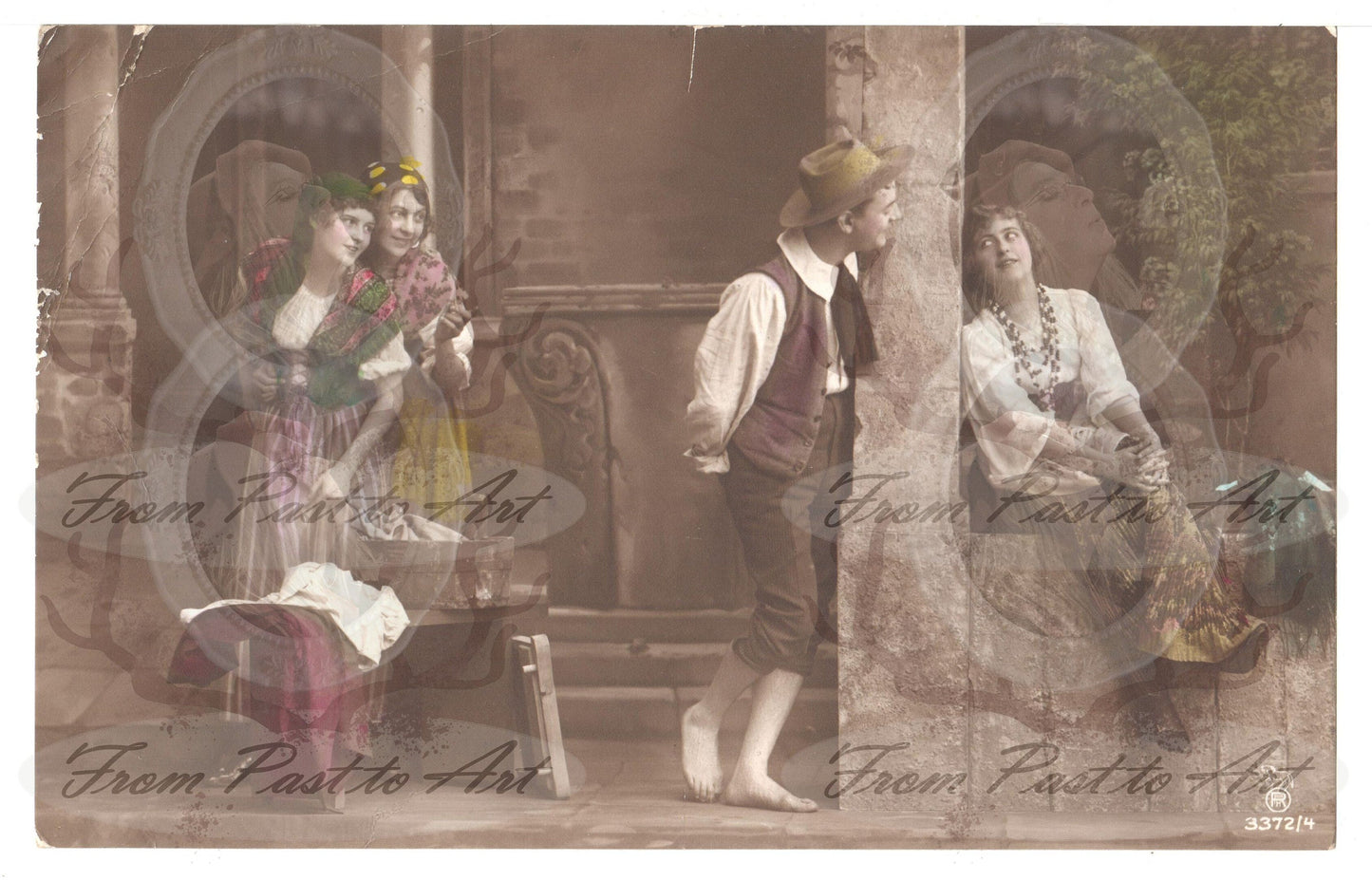 6 Authentic Vintage French Postcards - Handwritten Antique - 3 woman 1 man-flirting- 600dpi Scans - Out of Collection of more than 400 postcards