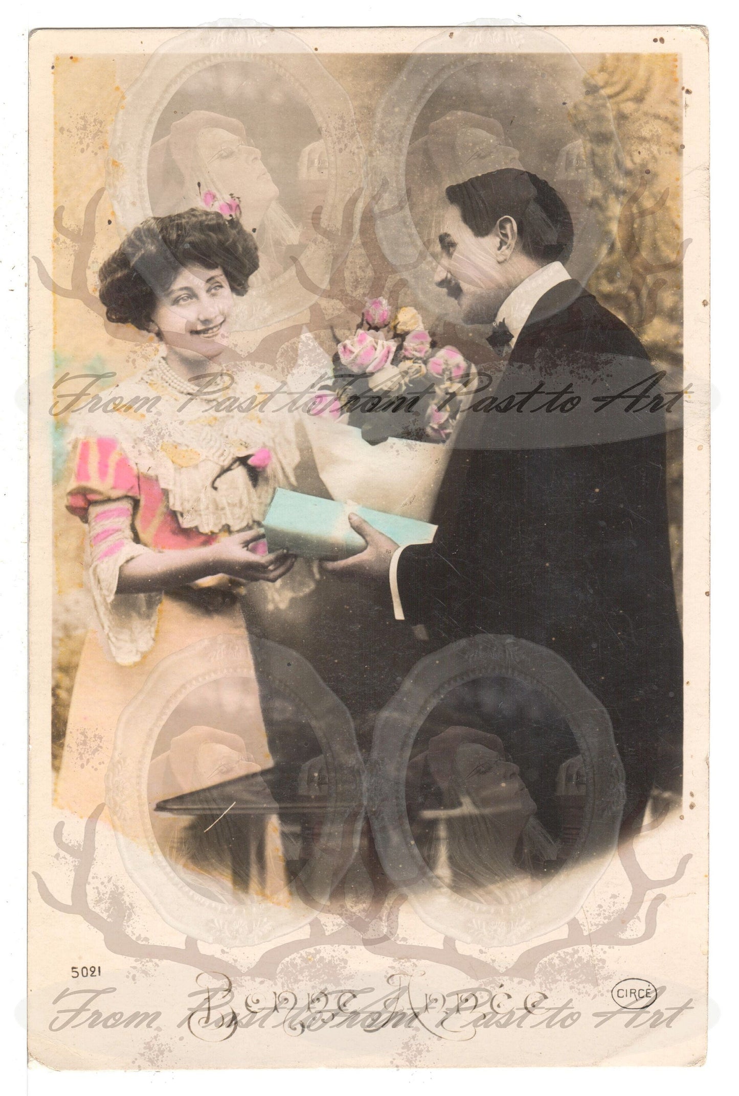 3 Authentic Vintage French Postcards - Handwritten Antique - Valentine Love Couples - 600dpi Scans - Out of Collection of more than 400 postcards