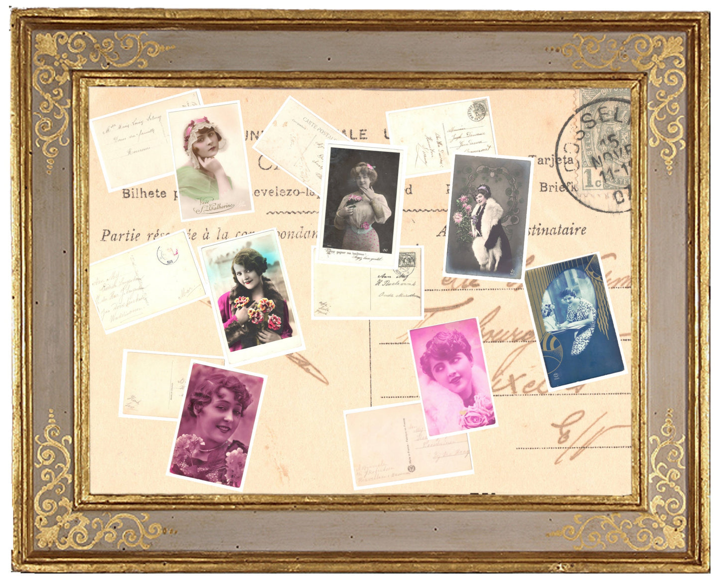 7 Authentic Vintage French Postcards - Handwritten Antique - Women-Romantic-Occasions 600dpi Scans - Out of Collection of more than 400 postcards
