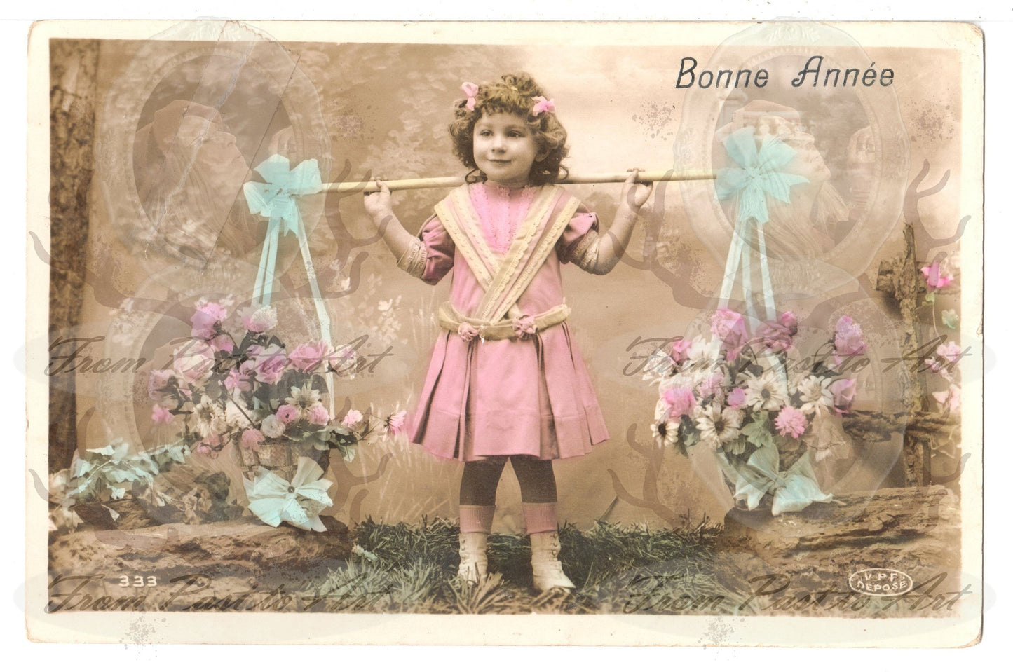5 Authentic Vintage French Postcards - Handwritten Antique - Happy New Year- Holidays - Greetings- Children-600dpi Scans - Out of Collection of more than 400 postcards