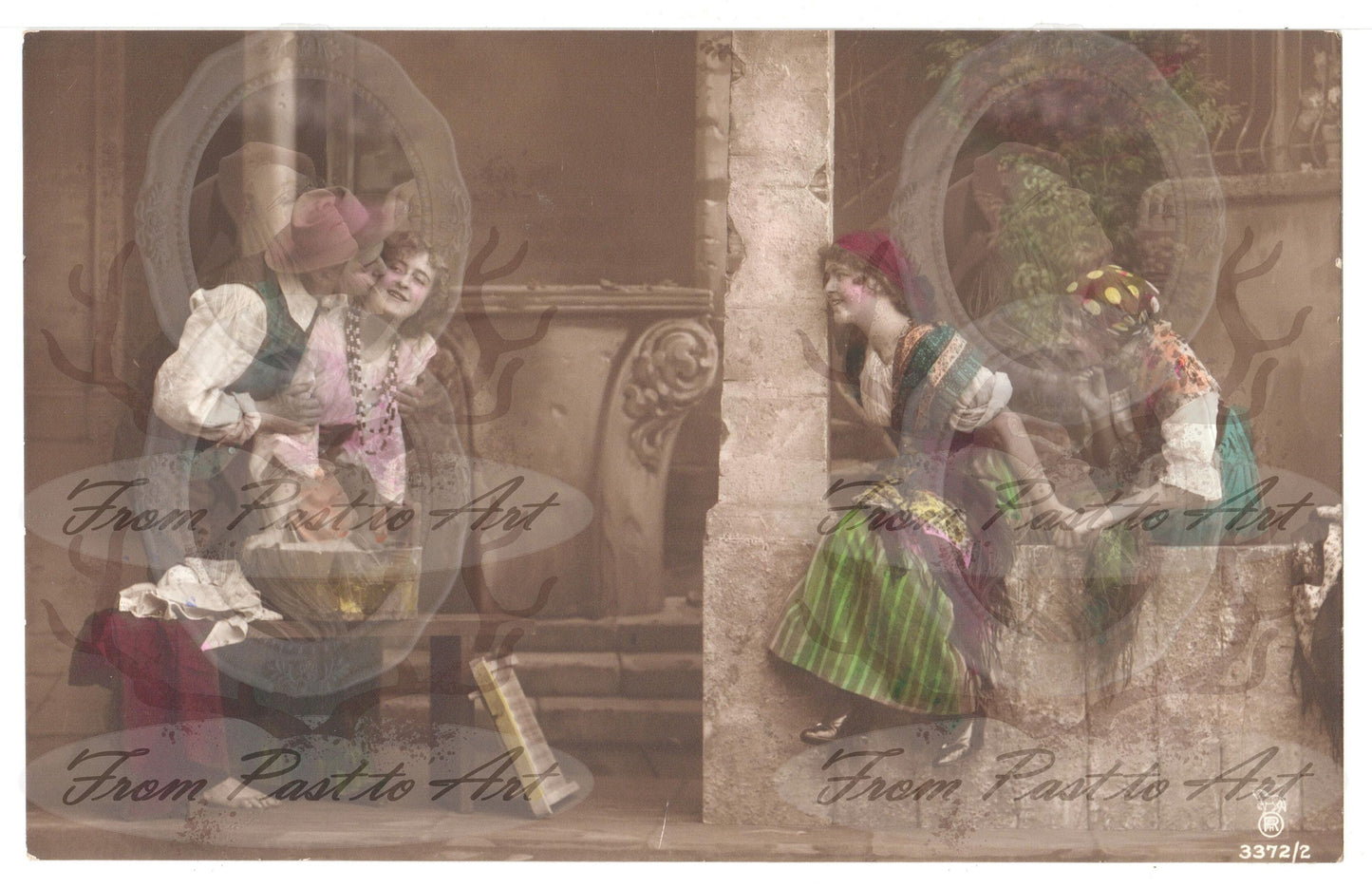 6 Authentic Vintage French Postcards - Handwritten Antique - 3 woman 1 man-flirting- 600dpi Scans - Out of Collection of more than 400 postcards