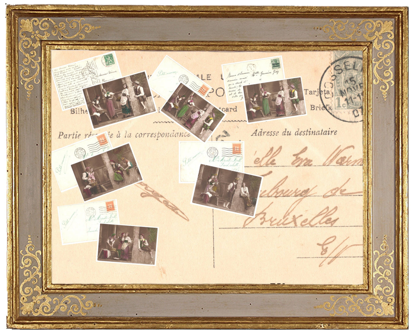 6 Authentic Vintage French Postcards - Handwritten Antique - 3 woman 1 man-flirting- 600dpi Scans - Out of Collection of more than 400 postcards