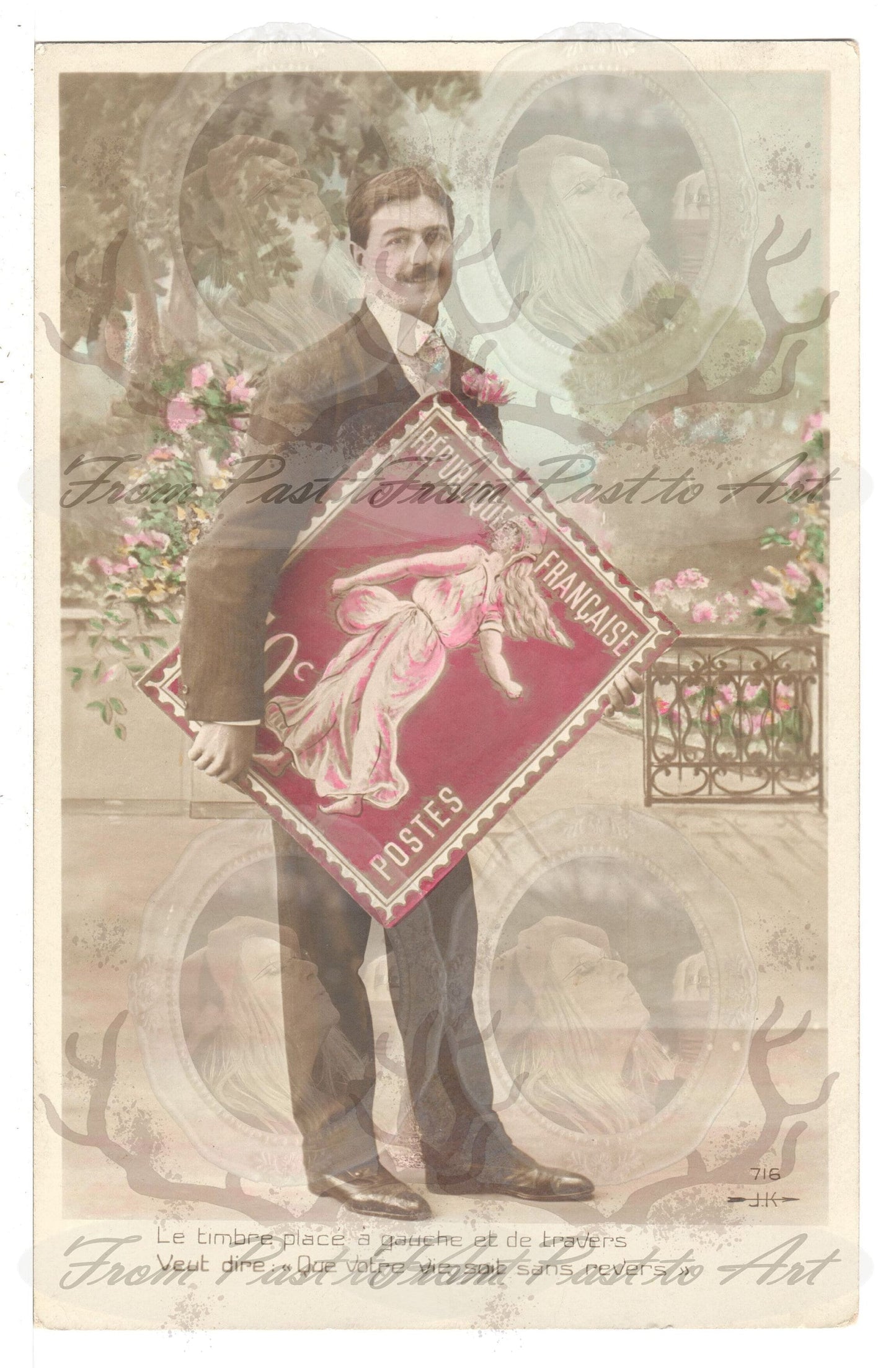 x 8 Authentic Vintage French Postcards - Unused and handwritten - 1 man Greetimgs Romance - 600dpi Scans - Out of Collection of more than 400 postcards