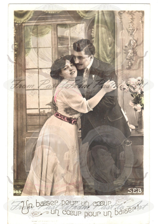 x 8 Authentic Vintage French Postcards - Handwritten Antique - Valentine Love Couples - 600dpi Scans - Out of Collection of more than 400 postcards