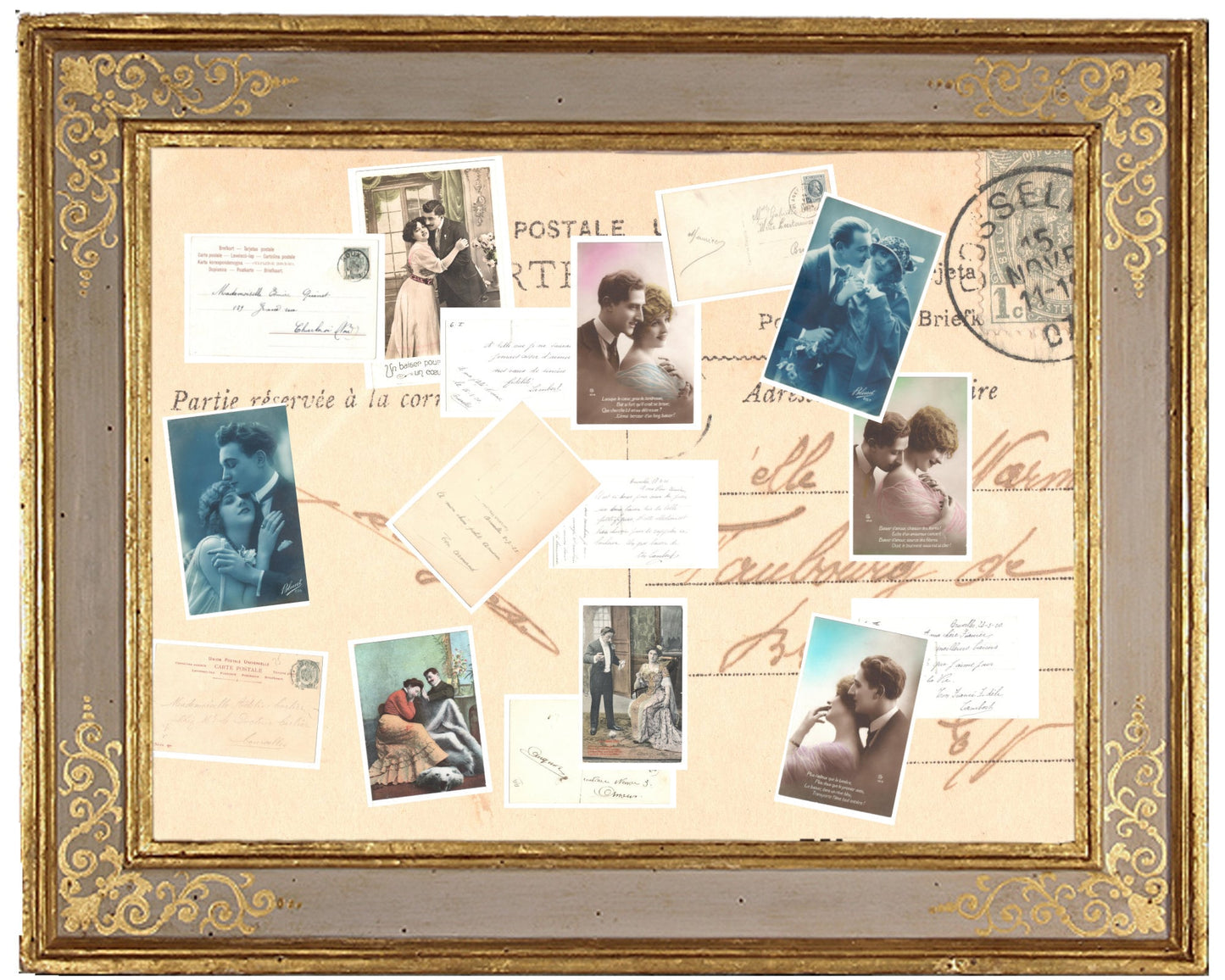 x 8 Authentic Vintage French Postcards - Handwritten Antique - Valentine Love Couples - 600dpi Scans - Out of Collection of more than 400 postcards