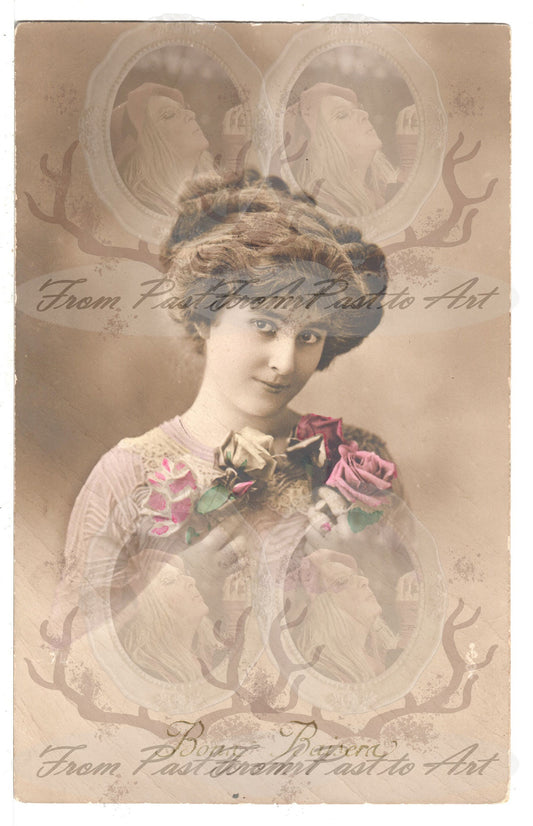 4 Authentic Vintage French Postcards - Antique - Women-Romantic-Occasions 600dpi Scans - Out of Collection of more than 400 postcards
