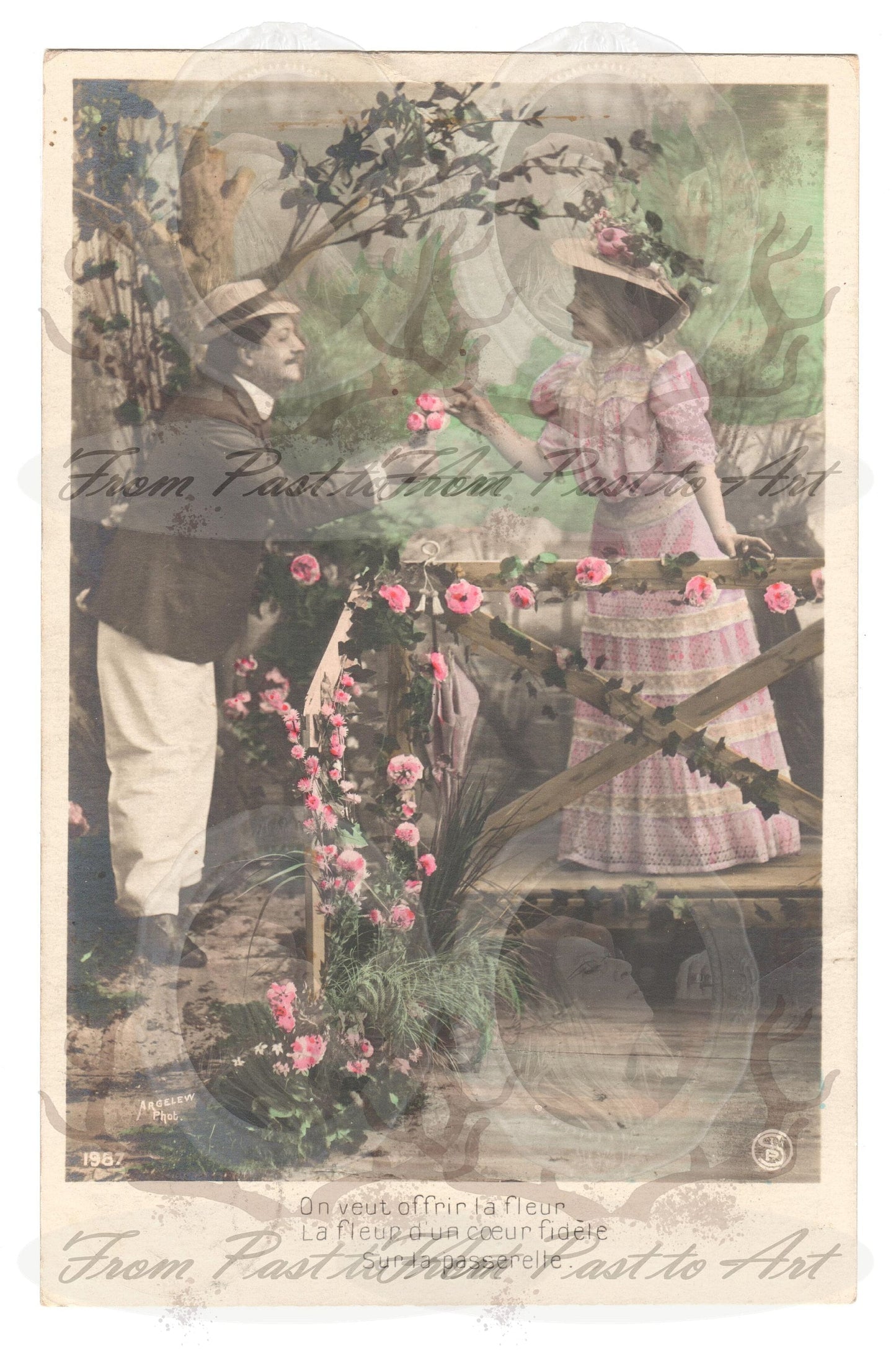 x 8 Authentic Vintage French Postcards - Handwritten Antique - Valentine Love Couples - 600dpi Scans - Out of Collection of more than 400 postcards