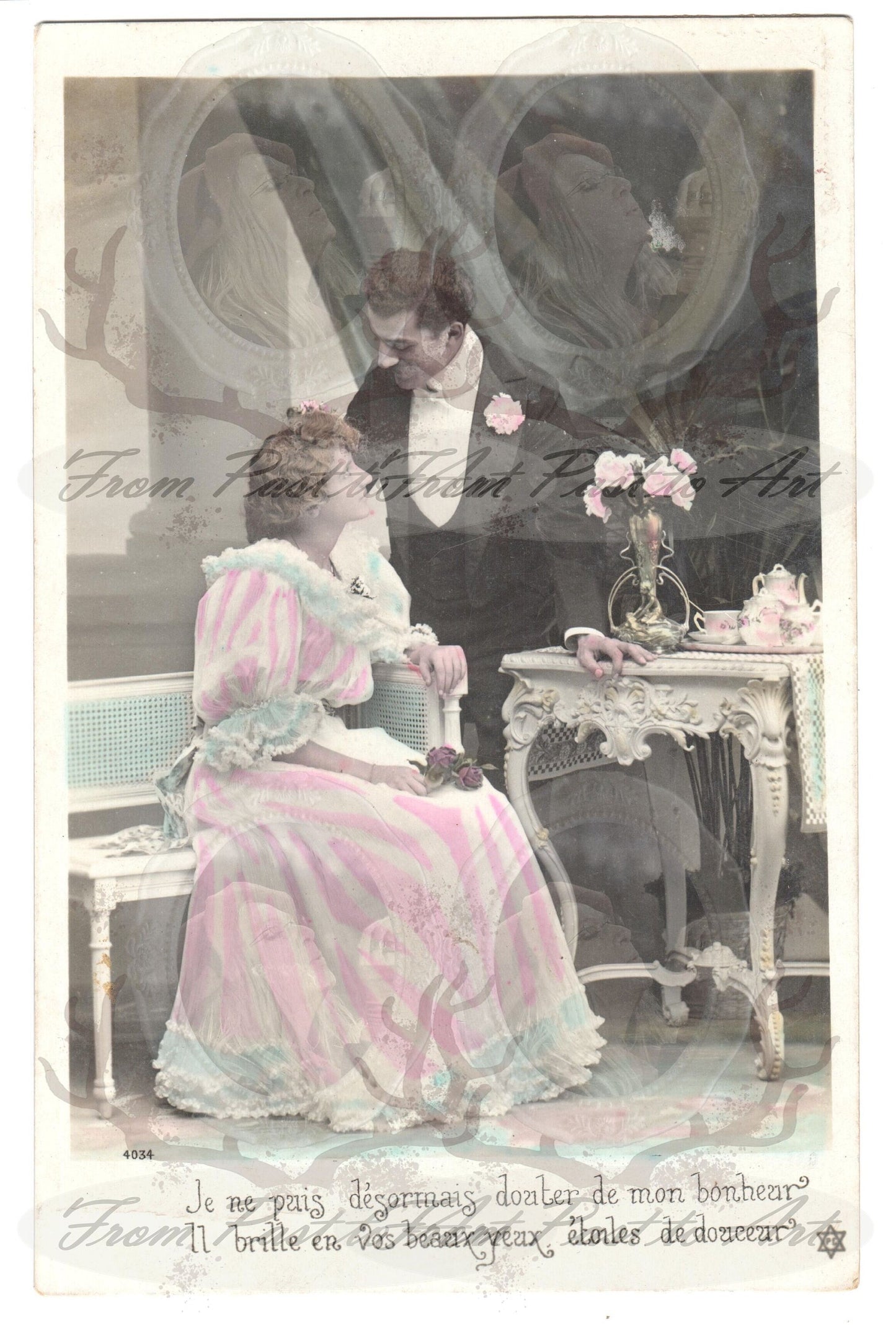 x 8 Authentic Vintage French Postcards - Handwritten Antique - Valentine Love Couples - 600dpi Scans - Out of Collection of more than 400 postcards