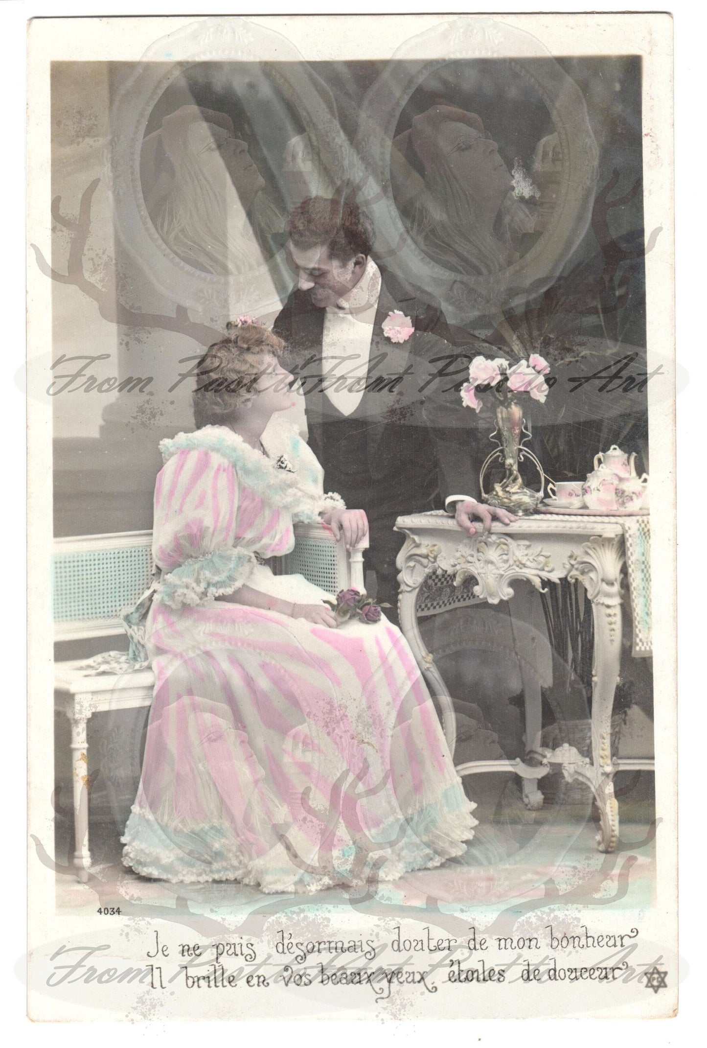x 8 Authentic Vintage French Postcards - Handwritten Antique - Valentine Love Couples - 600dpi Scans - Out of Collection of more than 400 postcards