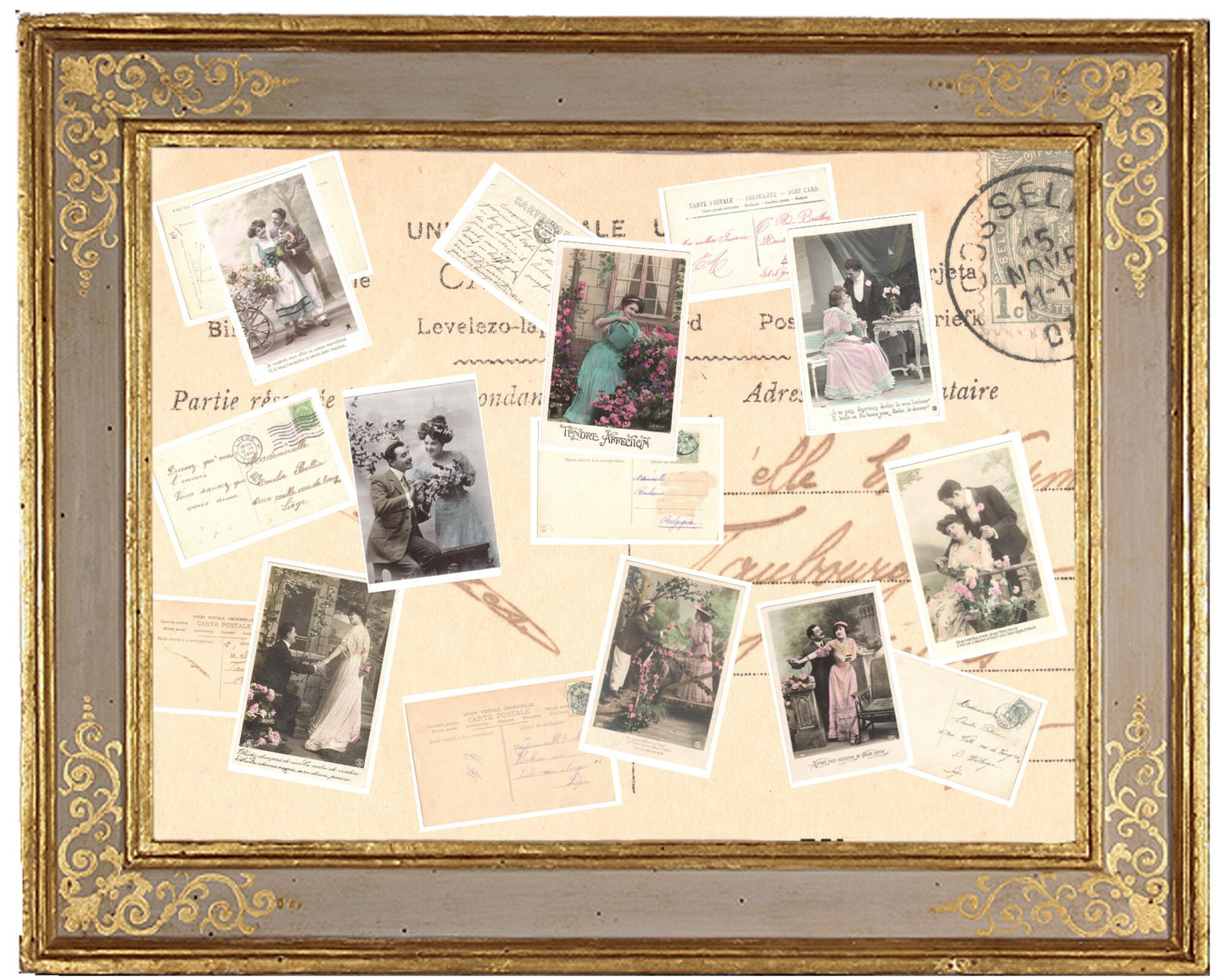 x 8 Authentic Vintage French Postcards - Handwritten Antique - Valentine Love Couples - 600dpi Scans - Out of Collection of more than 400 postcards