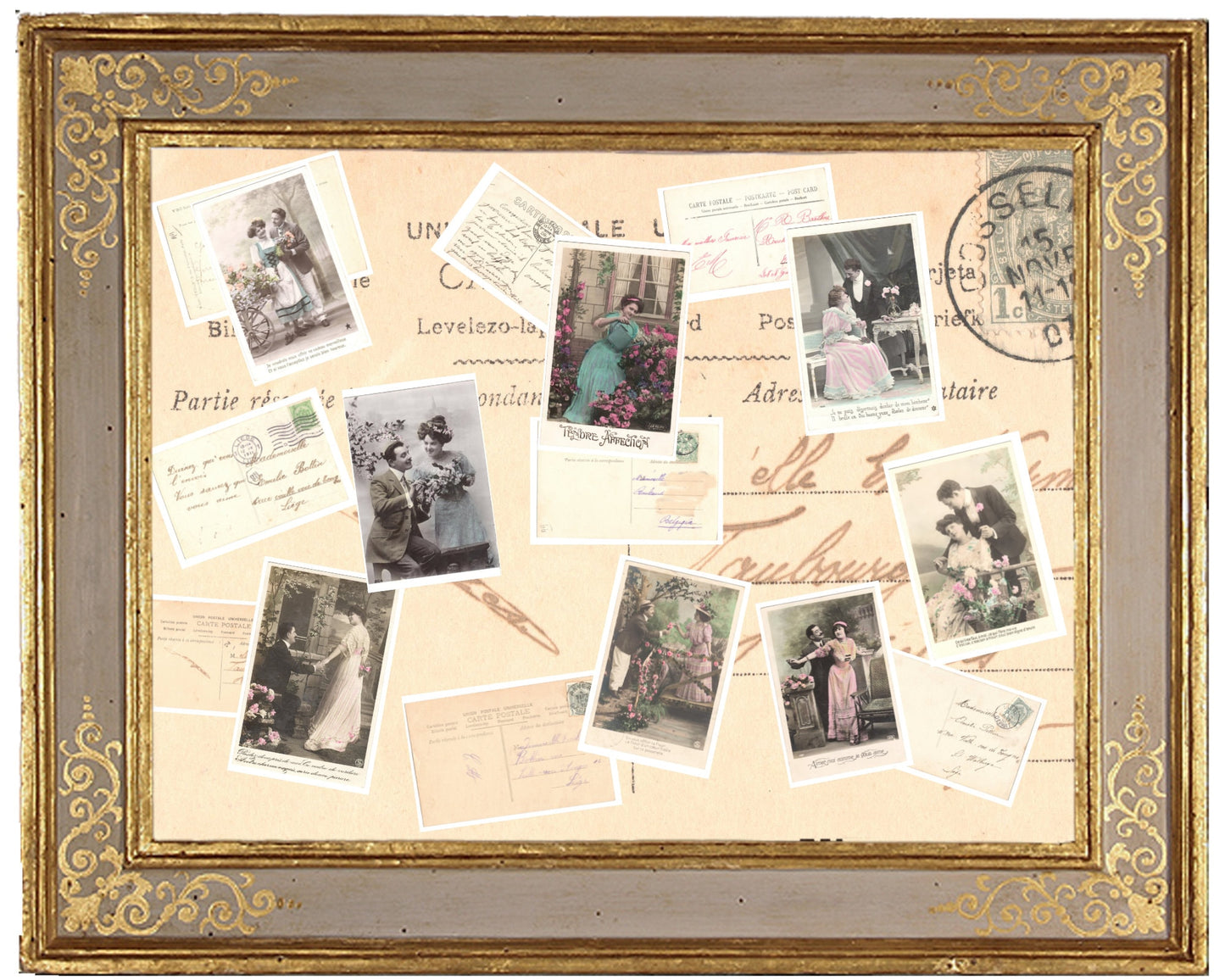 x 8 Authentic Vintage French Postcards - Handwritten Antique - Valentine Love Couples - 600dpi Scans - Out of Collection of more than 400 postcards