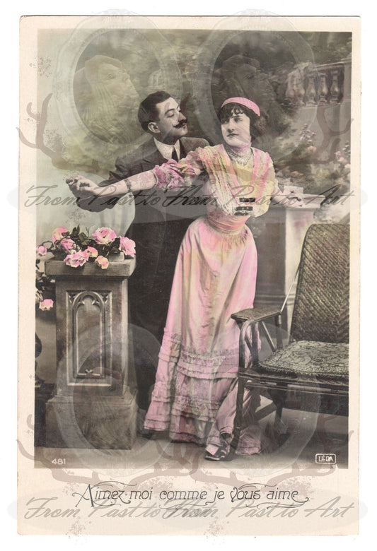 x 8 Authentic Vintage French Postcards - Handwritten Antique - Valentine Love Couples - 600dpi Scans - Out of Collection of more than 400 postcards