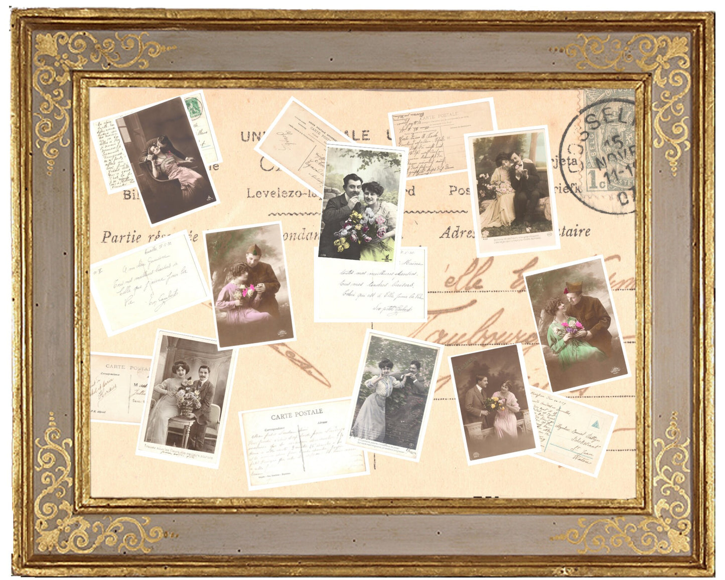 x 8 Authentic Vintage French Postcards - Handwritten Antique - Valentine Love Couples - 600dpi Scans - Out of Collection of more than 400 postcards