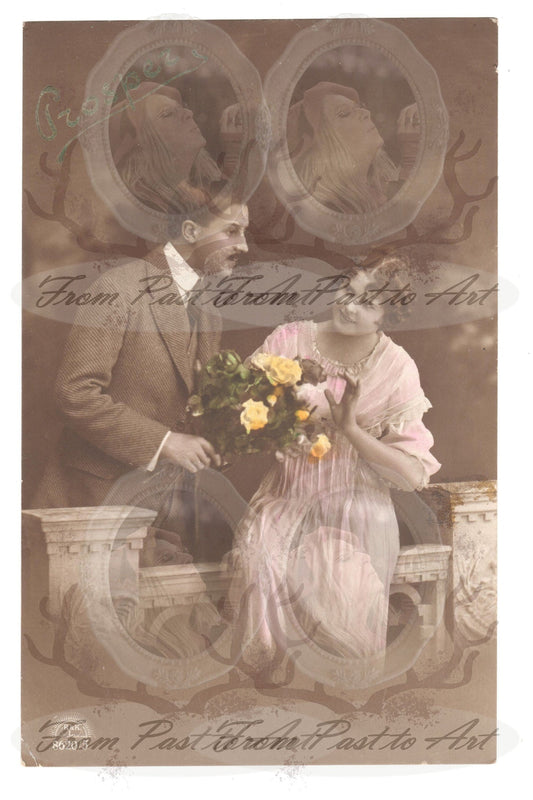 x 8 Authentic Vintage French Postcards - Handwritten Antique - Valentine Love Couples - 600dpi Scans - Out of Collection of more than 400 postcards