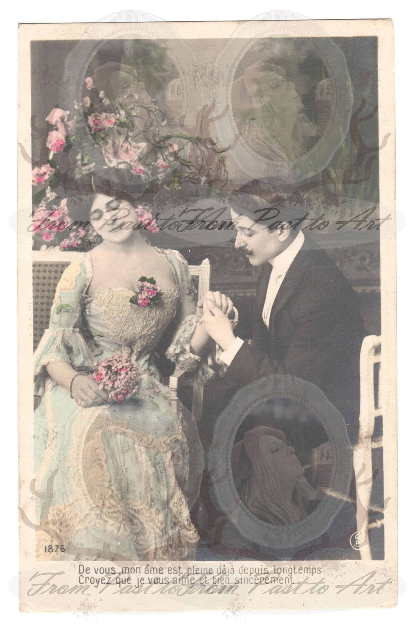 x 8 Authentic Vintage French Postcards - Handwritten Antique - Valentine Love Couples - 600dpi Scans - Out of Collection of more than 400 postcards