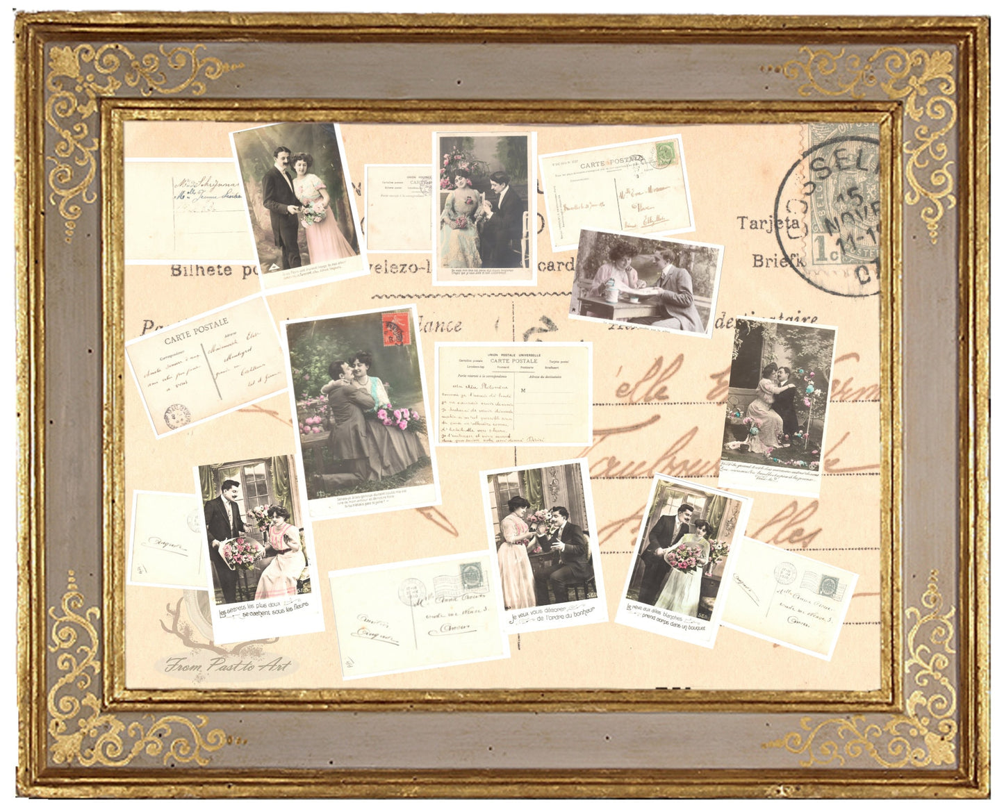 x 8 Authentic Vintage French Postcards - Handwritten Antique - Valentine Love Couples - 600dpi Scans - Out of Collection of more than 400 postcards