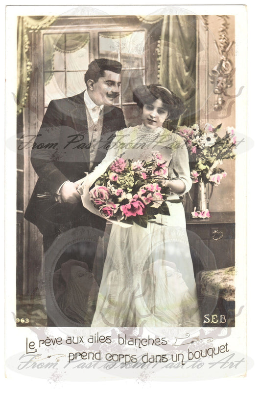 x 8 Authentic Vintage French Postcards - Handwritten Antique - Valentine Love Couples - 600dpi Scans - Out of Collection of more than 400 postcards