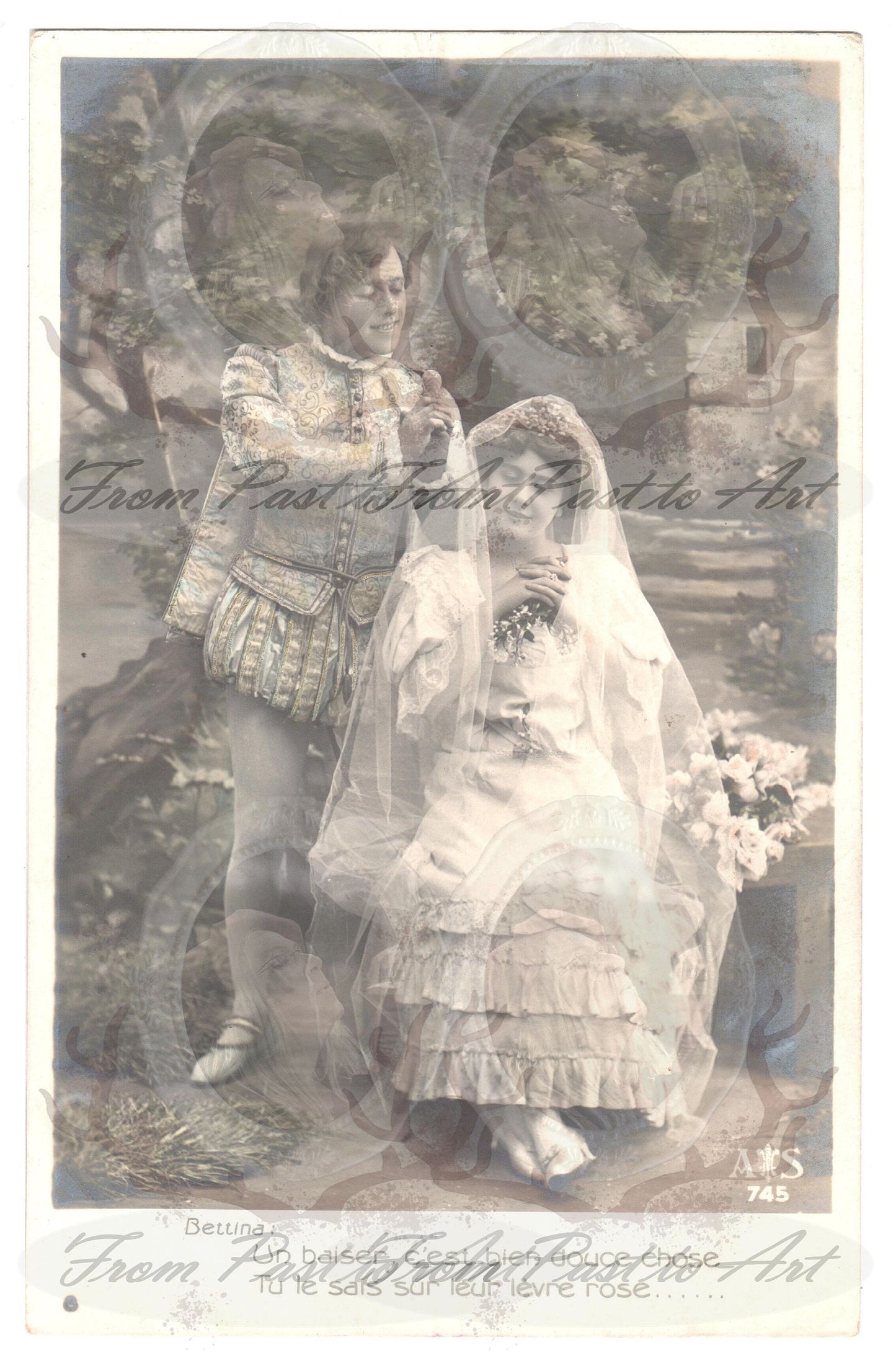 x 8 Authentic Vintage French Postcards - Handwritten Antique - Valentine Love Couples - 600dpi Scans - Out of Collection of more than 400 postcards