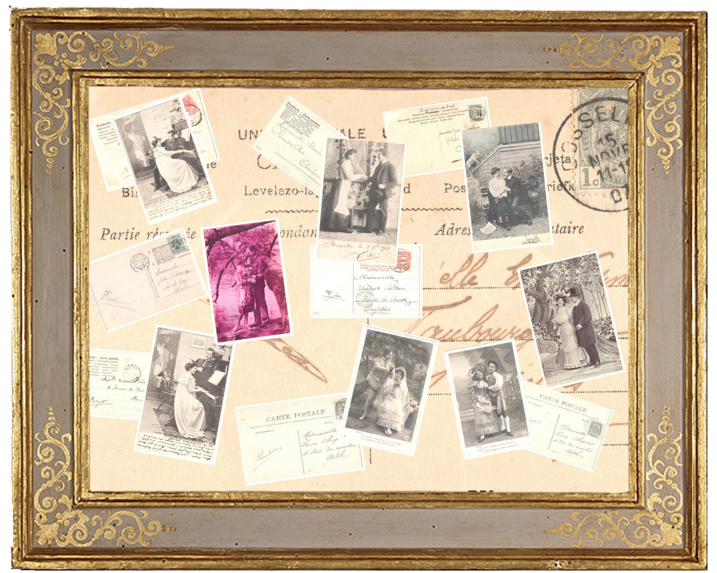x 8 Authentic Vintage French Postcards - Handwritten Antique - Valentine Love Couples - 600dpi Scans - Out of Collection of more than 400 postcards