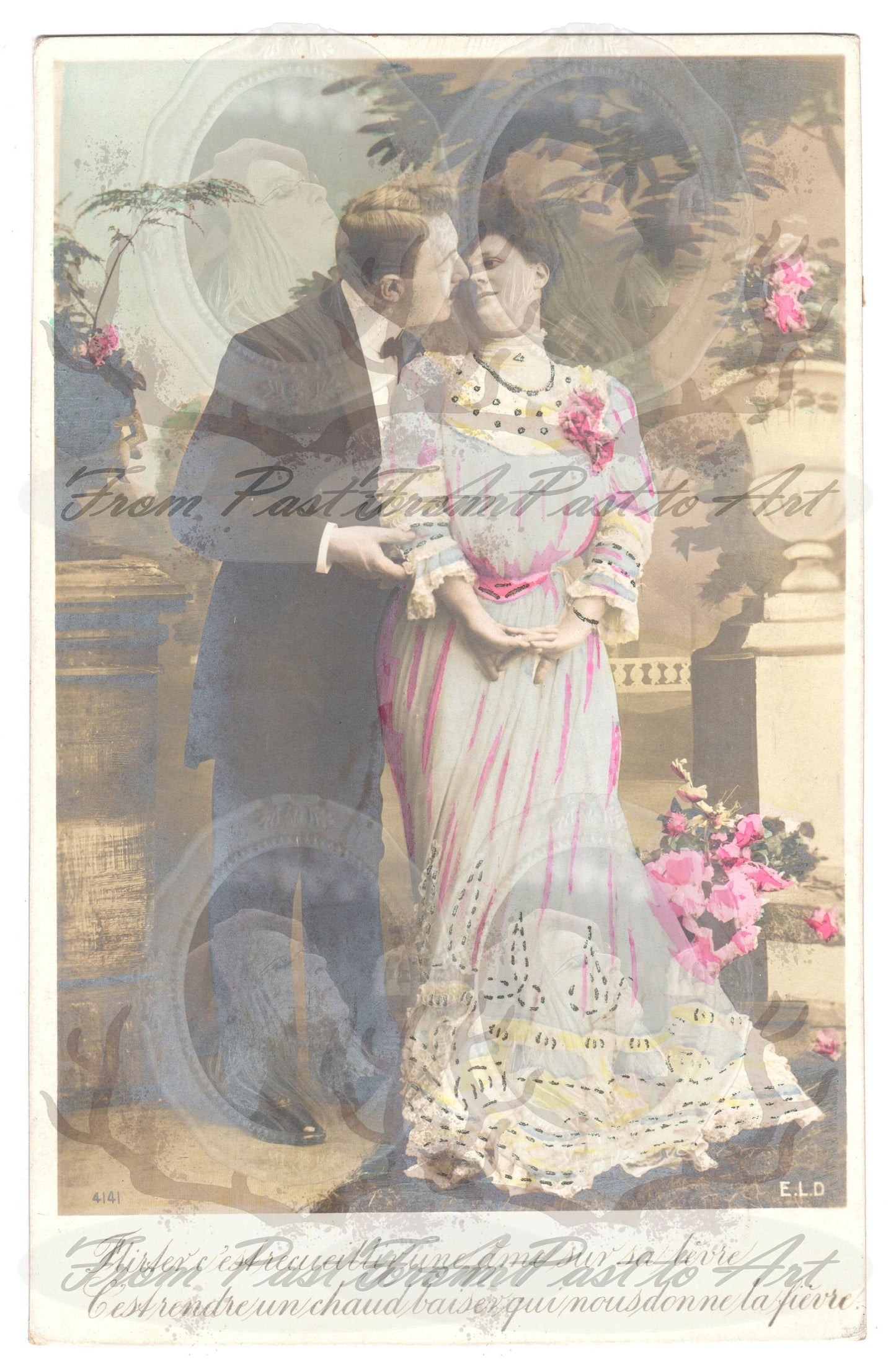 x 8 Authentic Vintage French Postcards - Handwritten Antique - Valentine Love Couples - 600dpi Scans - Out of Collection of more than 400 postcards