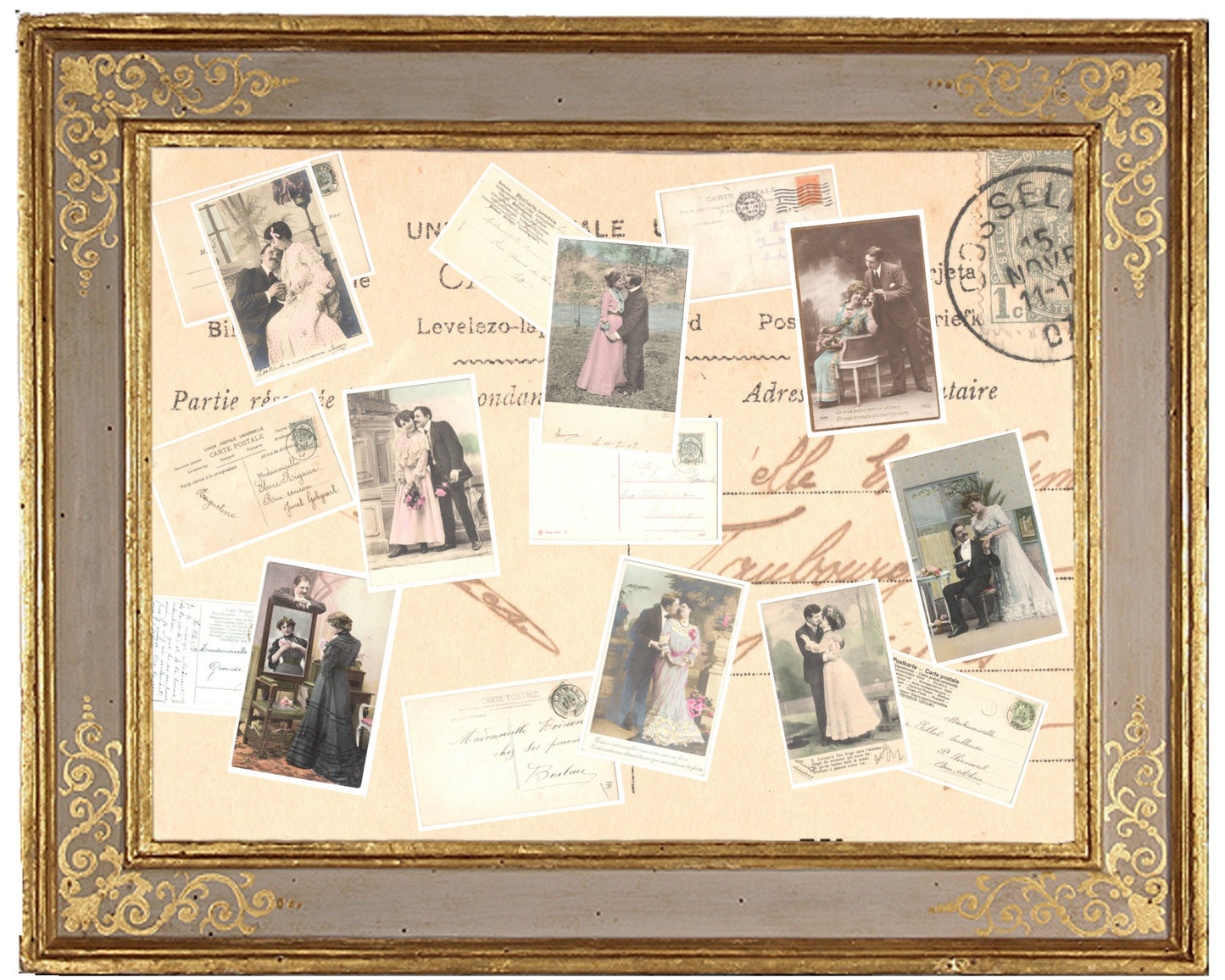 x 8 Authentic Vintage French Postcards - Handwritten Antique - Valentine Love Couples - 600dpi Scans - Out of Collection of more than 400 postcards