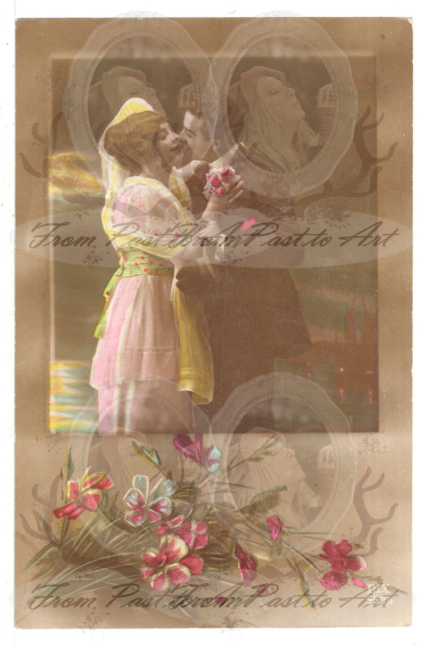 x 8 Authentic Vintage French Postcards - Handwritten Antique - Valentine Love Couples - 600dpi Scans - Out of Collection of more than 400 postcards