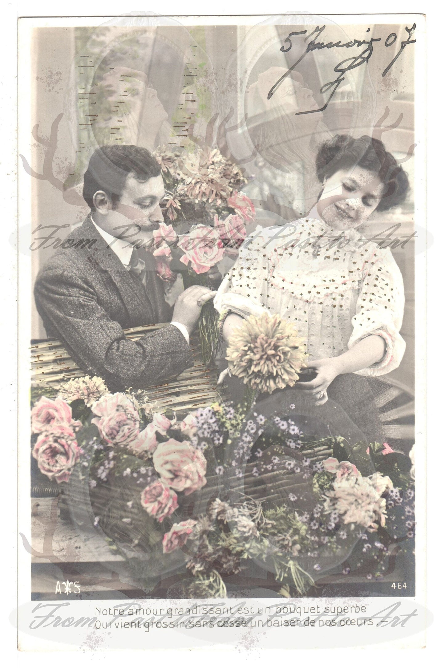 x 8 Authentic Vintage French Postcards - Handwritten Antique - Valentine Love Couples - 600dpi Scans - Out of Collection of more than 400 postcards