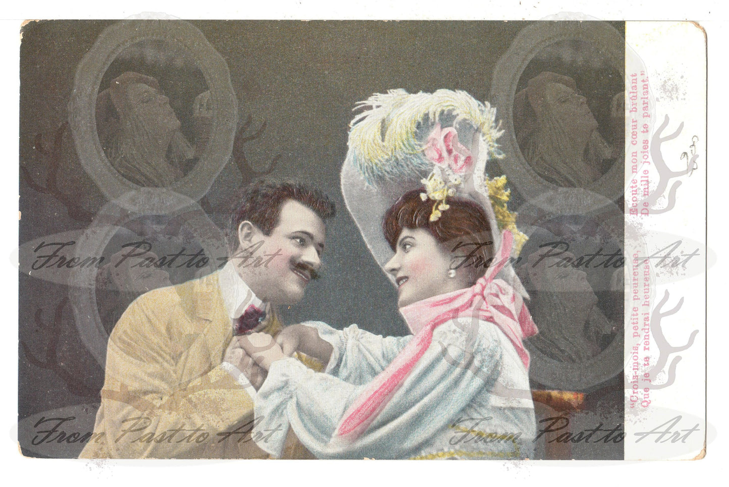 x 8 Authentic Vintage French Postcards - Handwritten Antique - Valentine Love Couples - 600dpi Scans - Out of Collection of more than 400 postcards
