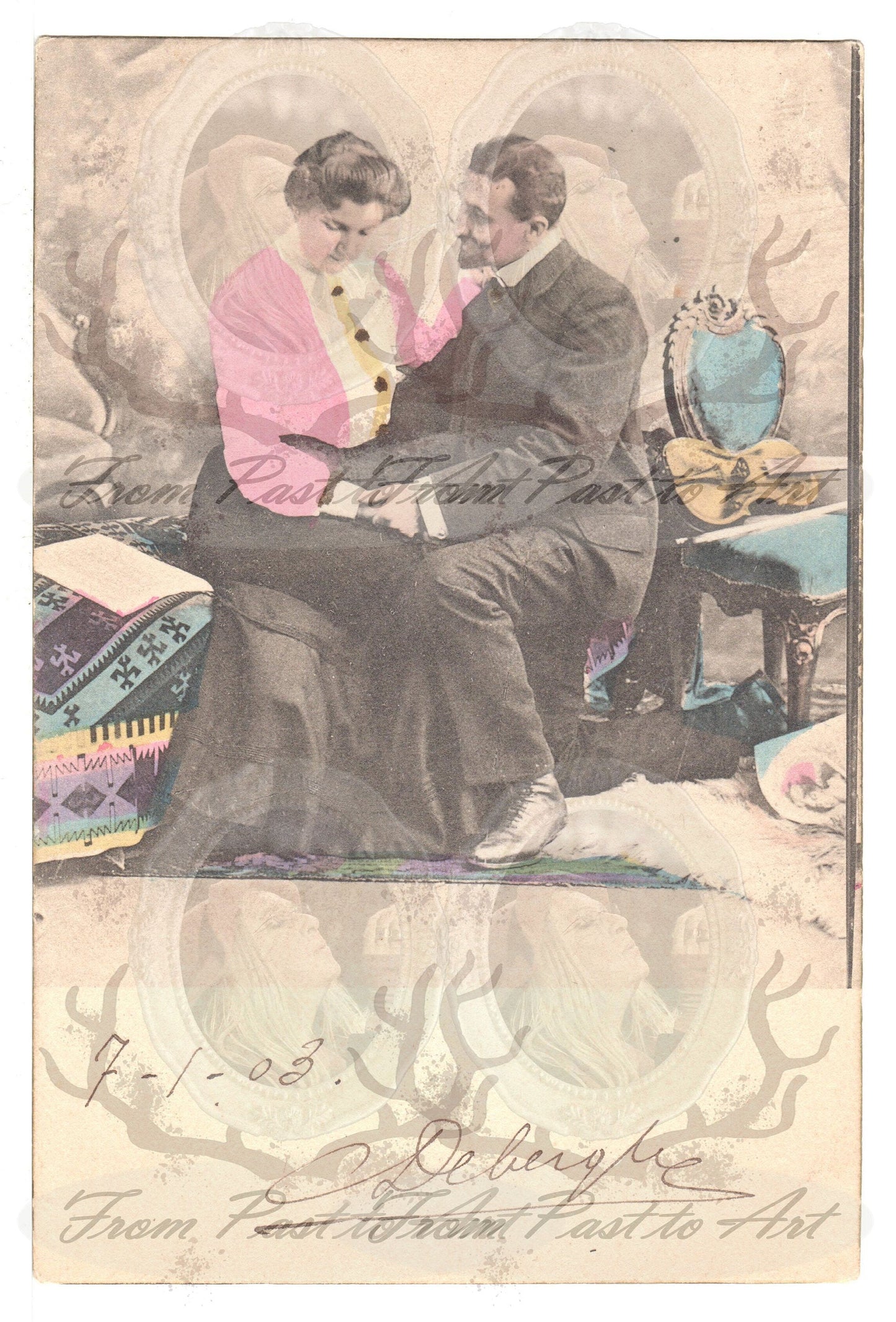 x 8 Authentic Vintage French Postcards - Handwritten Antique - Valentine Love Couples - 600dpi Scans - Out of Collection of more than 400 postcards
