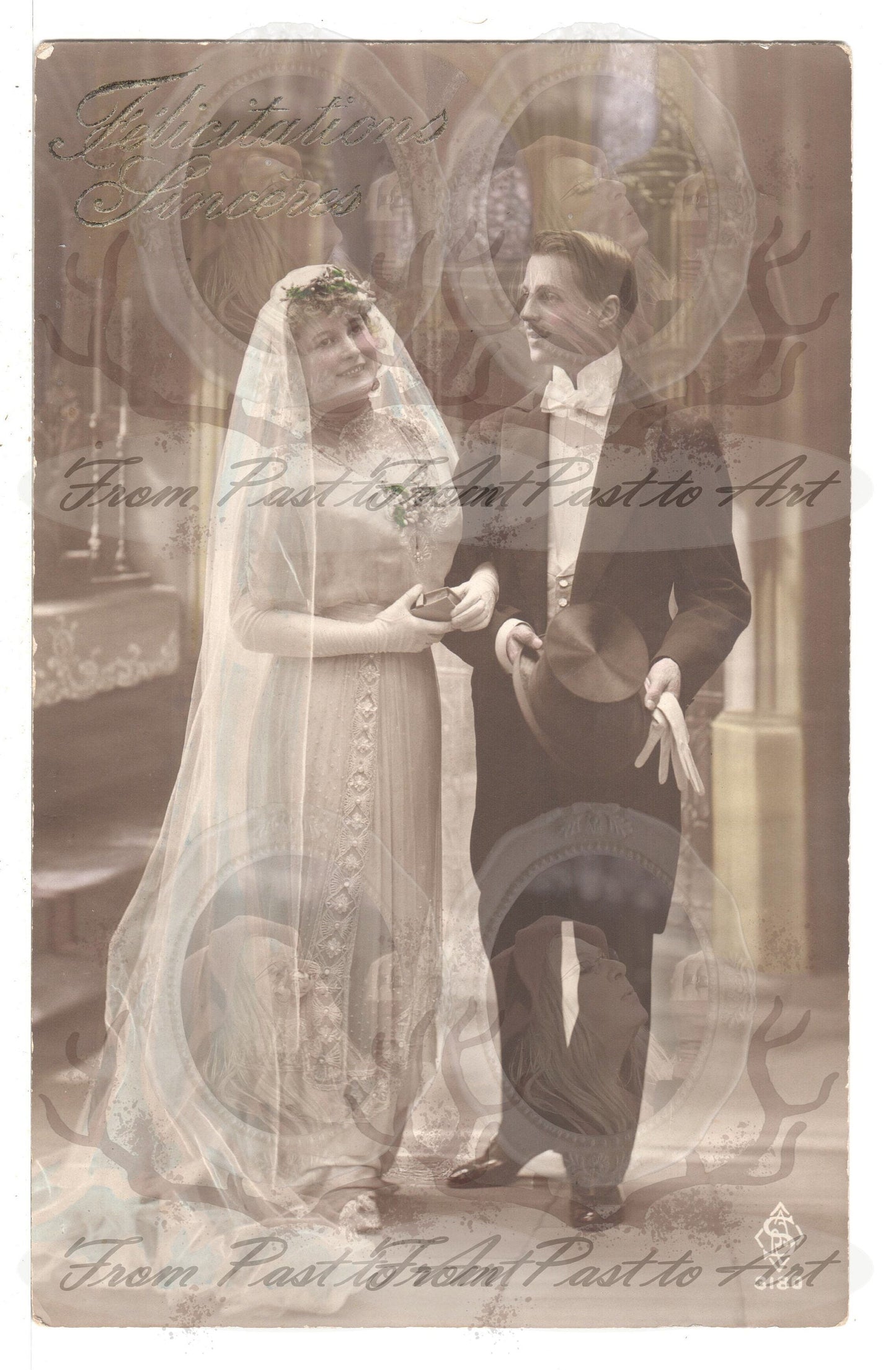 3 Authentic Vintage French Postcards - Handwritten Antique - Valentine Love Couples - 600dpi Scans - Out of Collection of more than 400 postcards