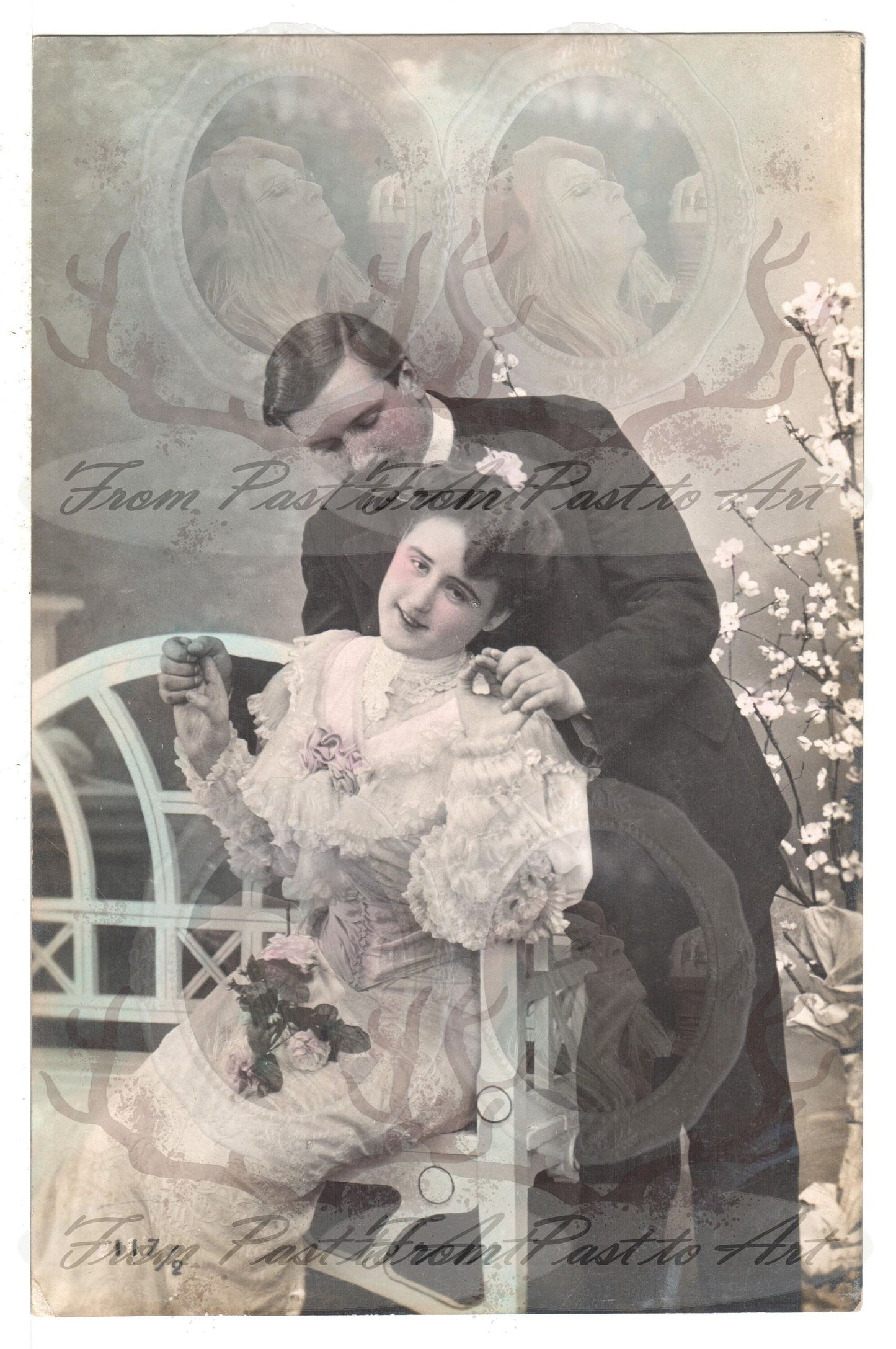 3 Authentic Vintage French Postcards - Handwritten Antique - Valentine Love Couples - 600dpi Scans - Out of Collection of more than 400 postcards