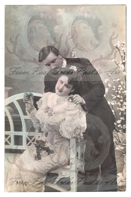 3 Authentic Vintage French Postcards - Handwritten Antique - Valentine Love Couples - 600dpi Scans - Out of Collection of more than 400 postcards