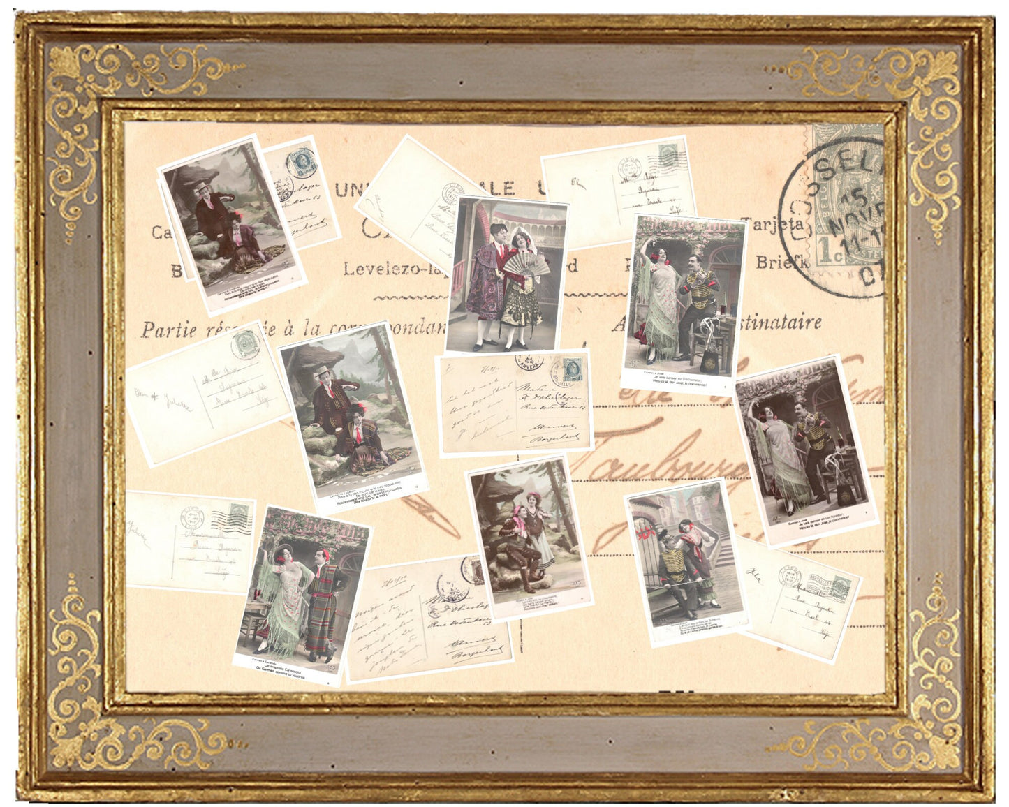 x 8 Authentic Vintage French, Spanish, Wallon Postcards - Love-Couples-Handwritten Antique - 600dpi Scans - Out of Collection of more than 400 postcards