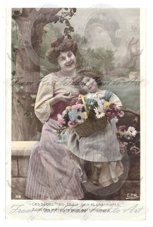 x 8 Authentic Vintage French Postcards - Handwritten Antique - Woman-Children - Edwardian-600dpi Scans - Out of Collection of more than 400 postcards