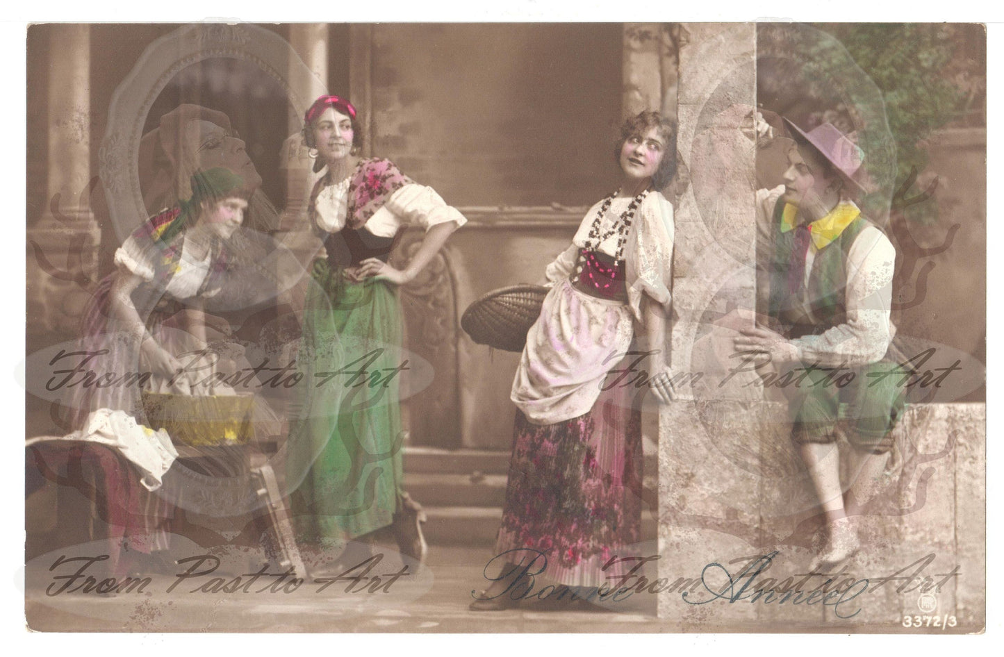 6 Authentic Vintage French Postcards - Handwritten Antique - 3 woman 1 man-flirting- 600dpi Scans - Out of Collection of more than 400 postcards