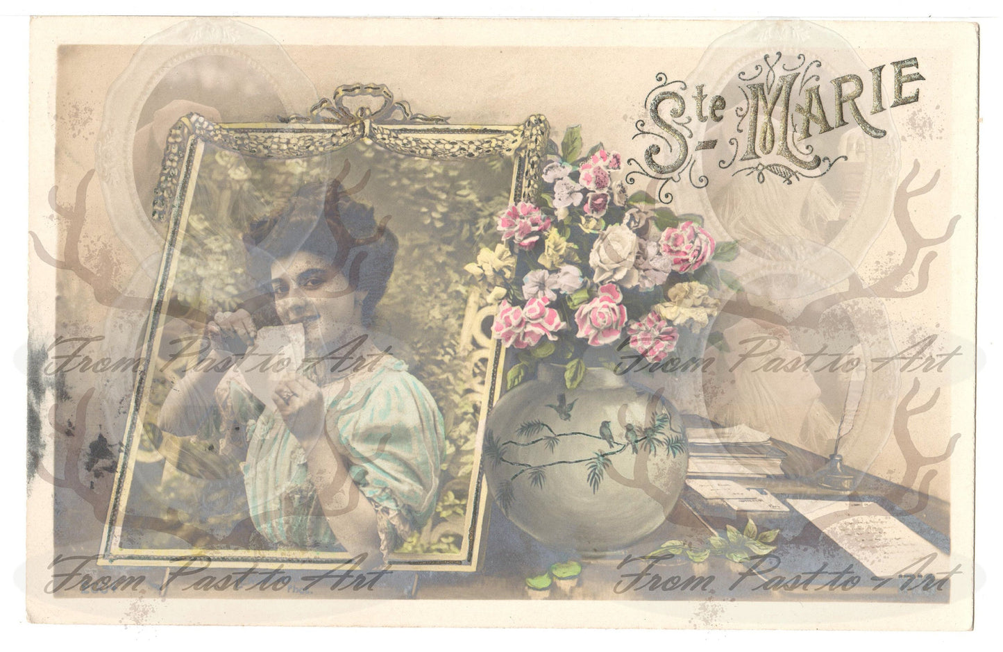 x 8 Authentic Vintage French Postcards - Handwritten Antique - Vive Sainte Marie- Jeanne d'Arc - Women- 600dpi Scans - Out of Collection of more than 400 postcards