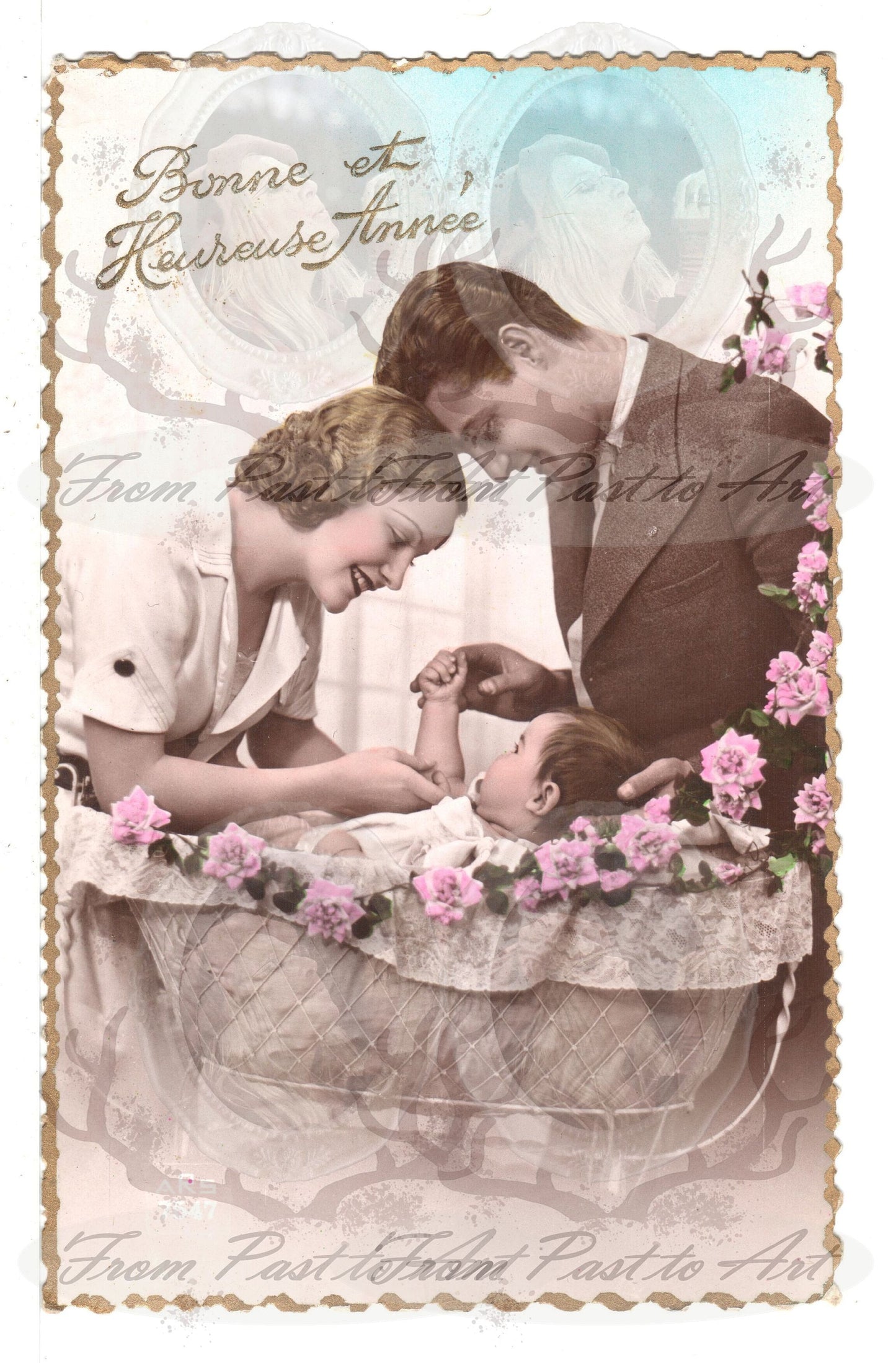 x 7 Authentic Vintage French Postcards - Handwritten Antique - Couple with baby - Occasions - Guests - Wishes 600dpi Scans - Out of Collection of more than 400 postcards