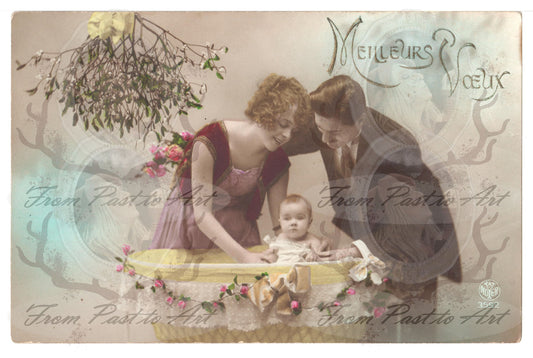 x 7 Authentic Vintage French Postcards - Handwritten Antique - Couple with baby - Occasions - Guests - Wishes 600dpi Scans - Out of Collection of more than 400 postcards