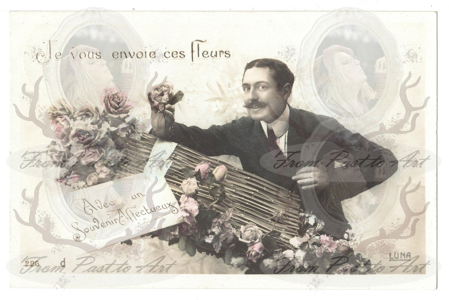 x 8 Authentic Vintage French Postcards - Unused and handwritten - 1 man Greetimgs Romance - 600dpi Scans - Out of Collection of more than 400 postcards
