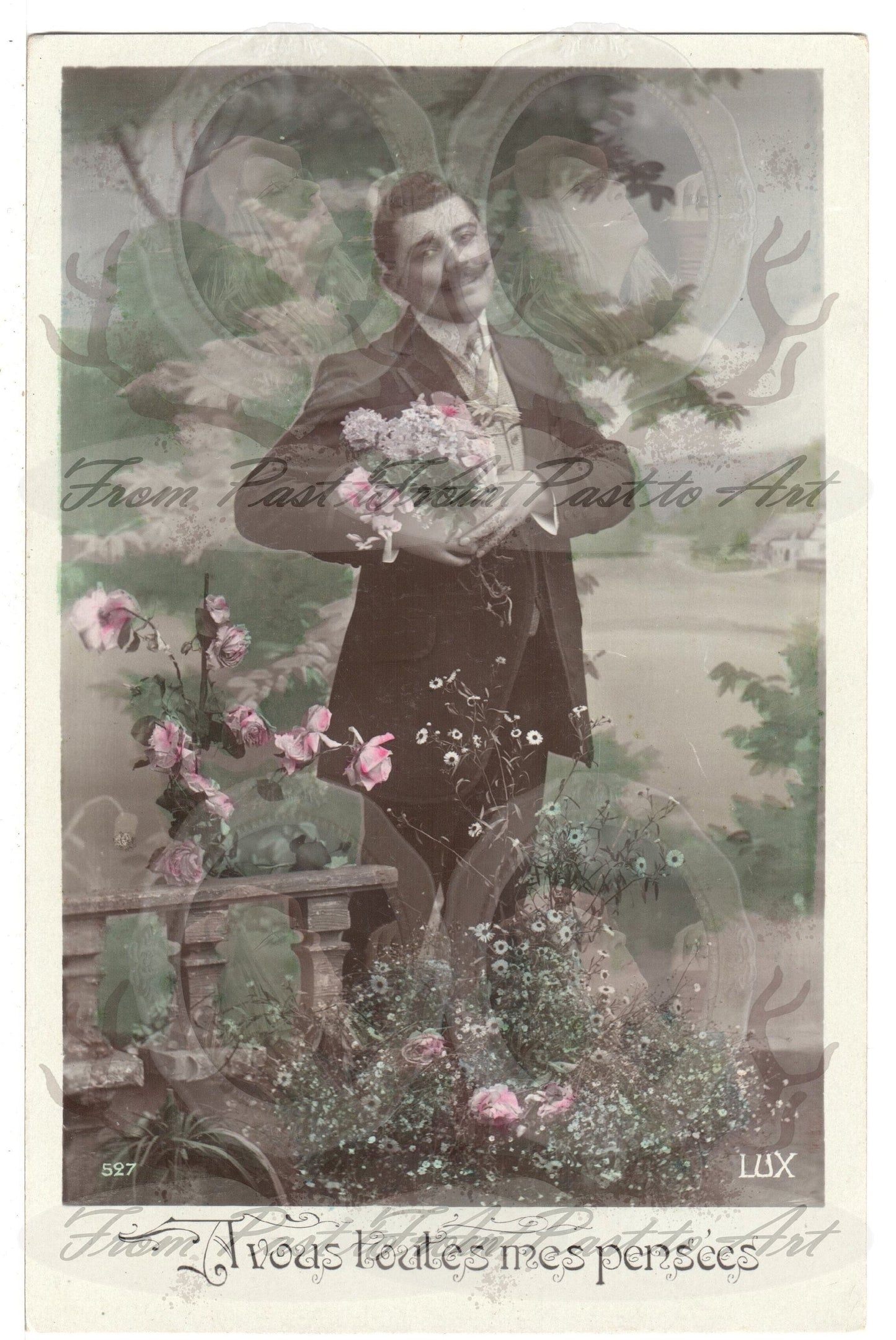 x 8 Authentic Vintage French Postcards - Unused and handwritten - 1 man Greetimgs Romance - 600dpi Scans - Out of Collection of more than 400 postcards