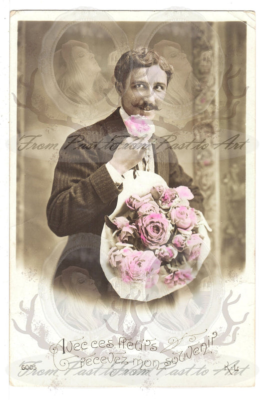 x 8 Authentic Vintage French Postcards - Unused and handwritten - 1 man Greetimgs Romance - 600dpi Scans - Out of Collection of more than 400 postcards