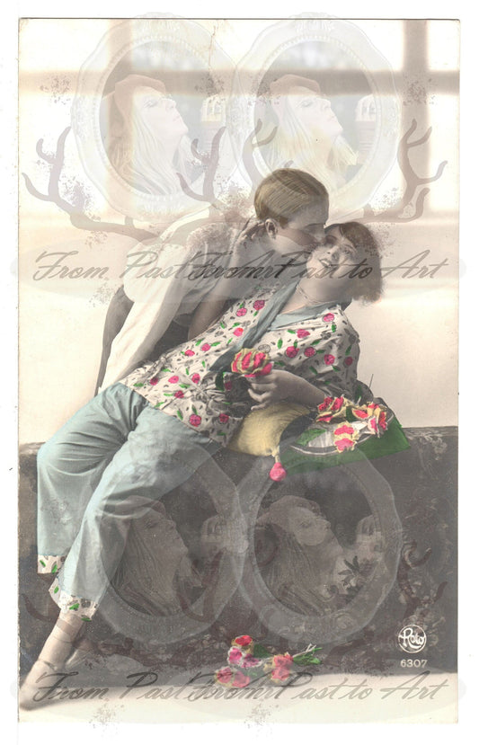 x 8 Authentic Vintage French Postcards - Unused - Valentine Love Couples - 600dpi Scans - Out of Collection of more than 400 postcards