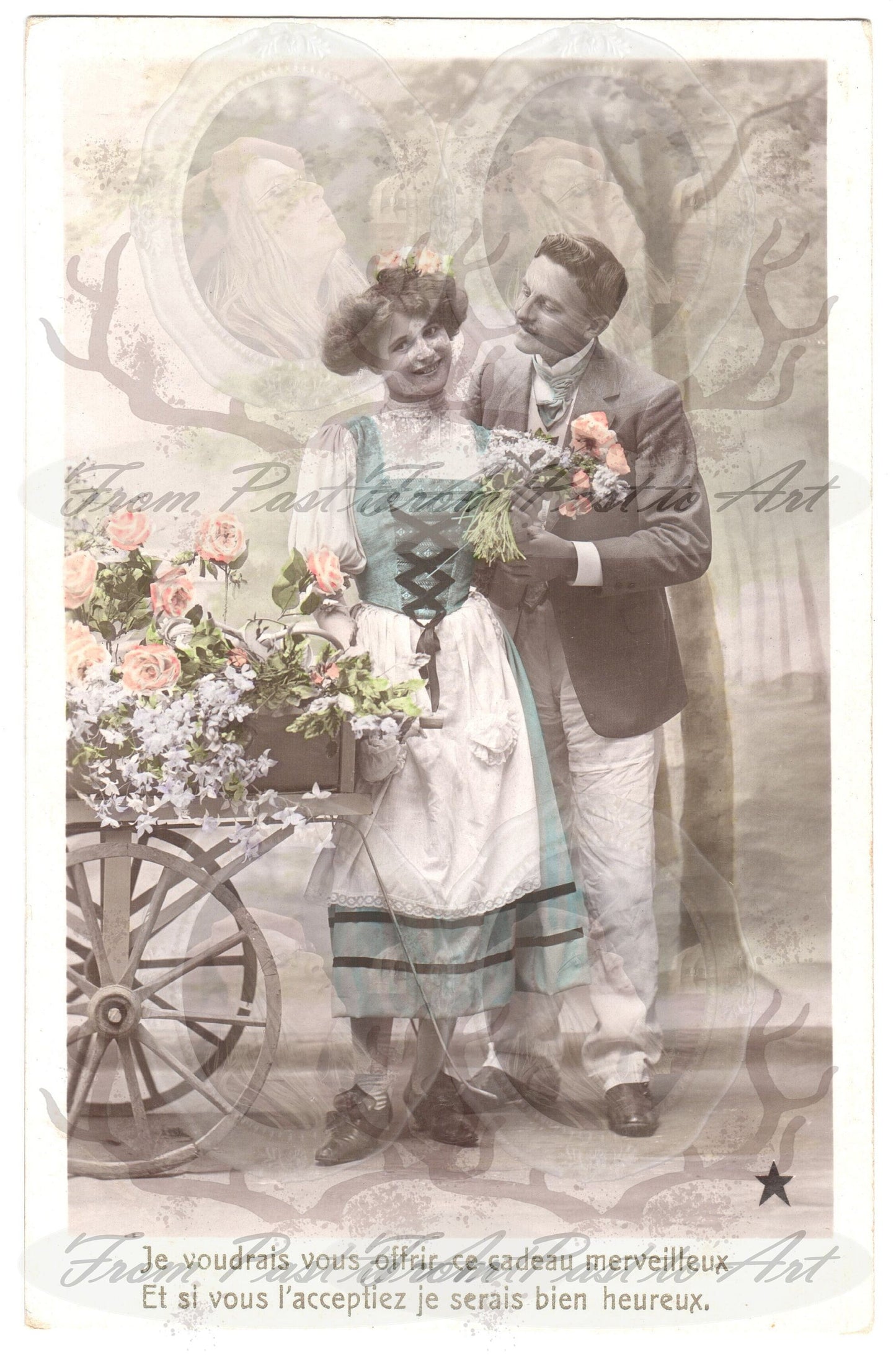 x 8 Authentic Vintage French Postcards - Handwritten Antique - Valentine Love Couples - 600dpi Scans - Out of Collection of more than 400 postcards