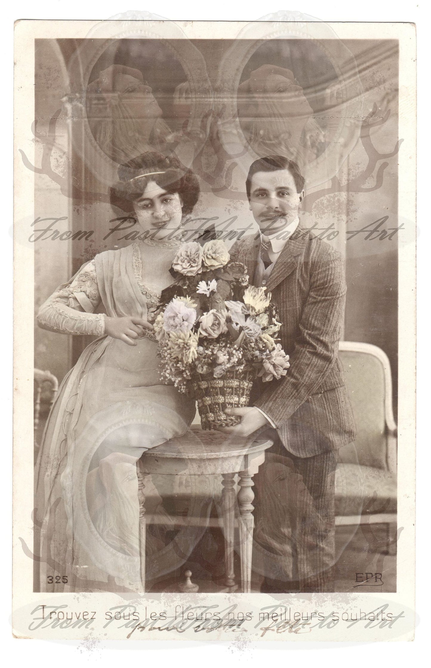 x 8 Authentic Vintage French Postcards - Handwritten Antique - Valentine Love Couples - 600dpi Scans - Out of Collection of more than 400 postcards