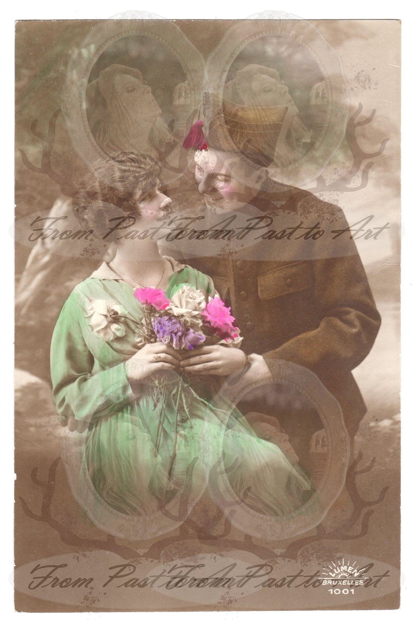 x 8 Authentic Vintage French Postcards - Handwritten Antique - Valentine Love Couples - 600dpi Scans - Out of Collection of more than 400 postcards