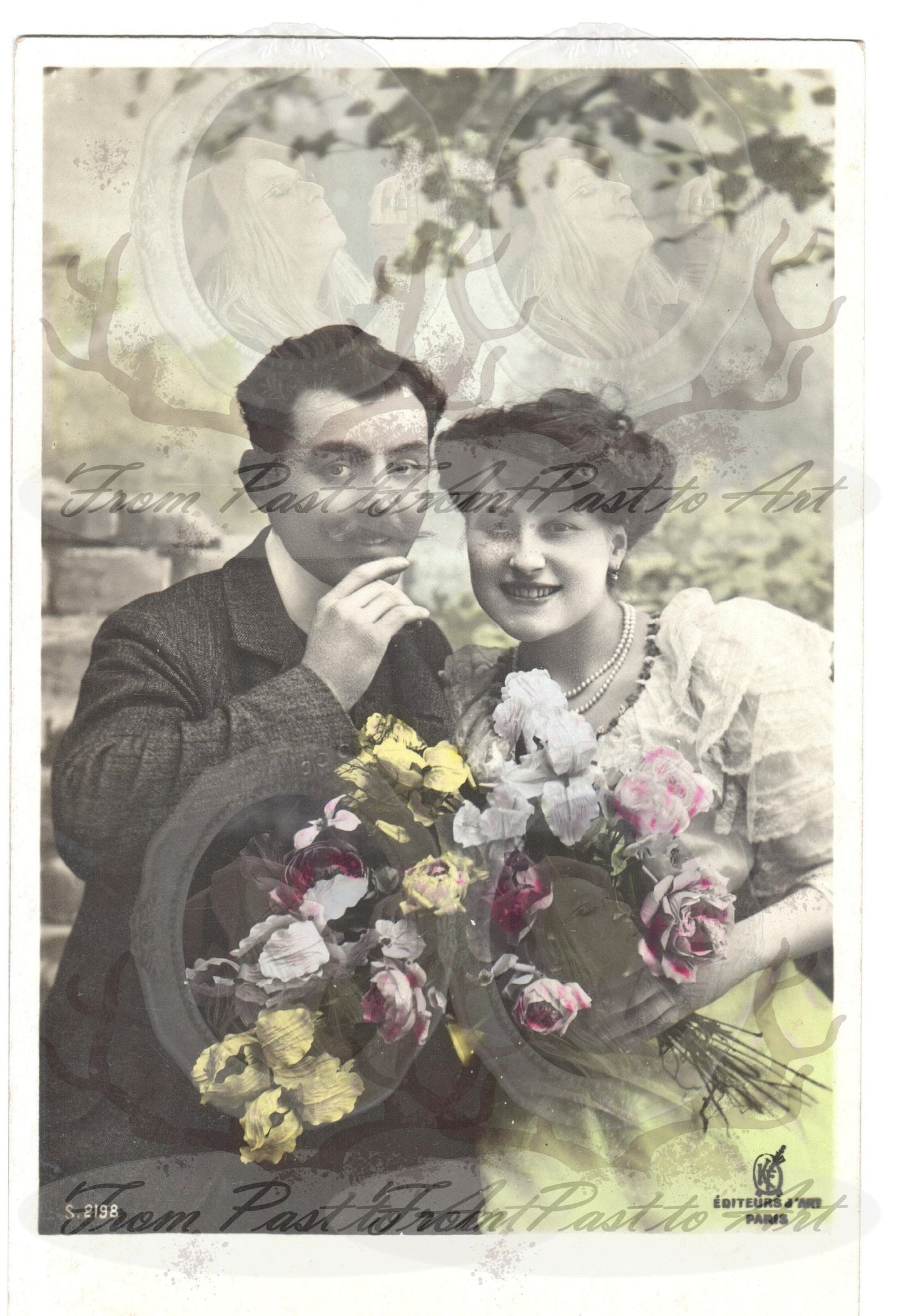 x 8 Authentic Vintage French Postcards - Handwritten Antique - Valentine Love Couples - 600dpi Scans - Out of Collection of more than 400 postcards
